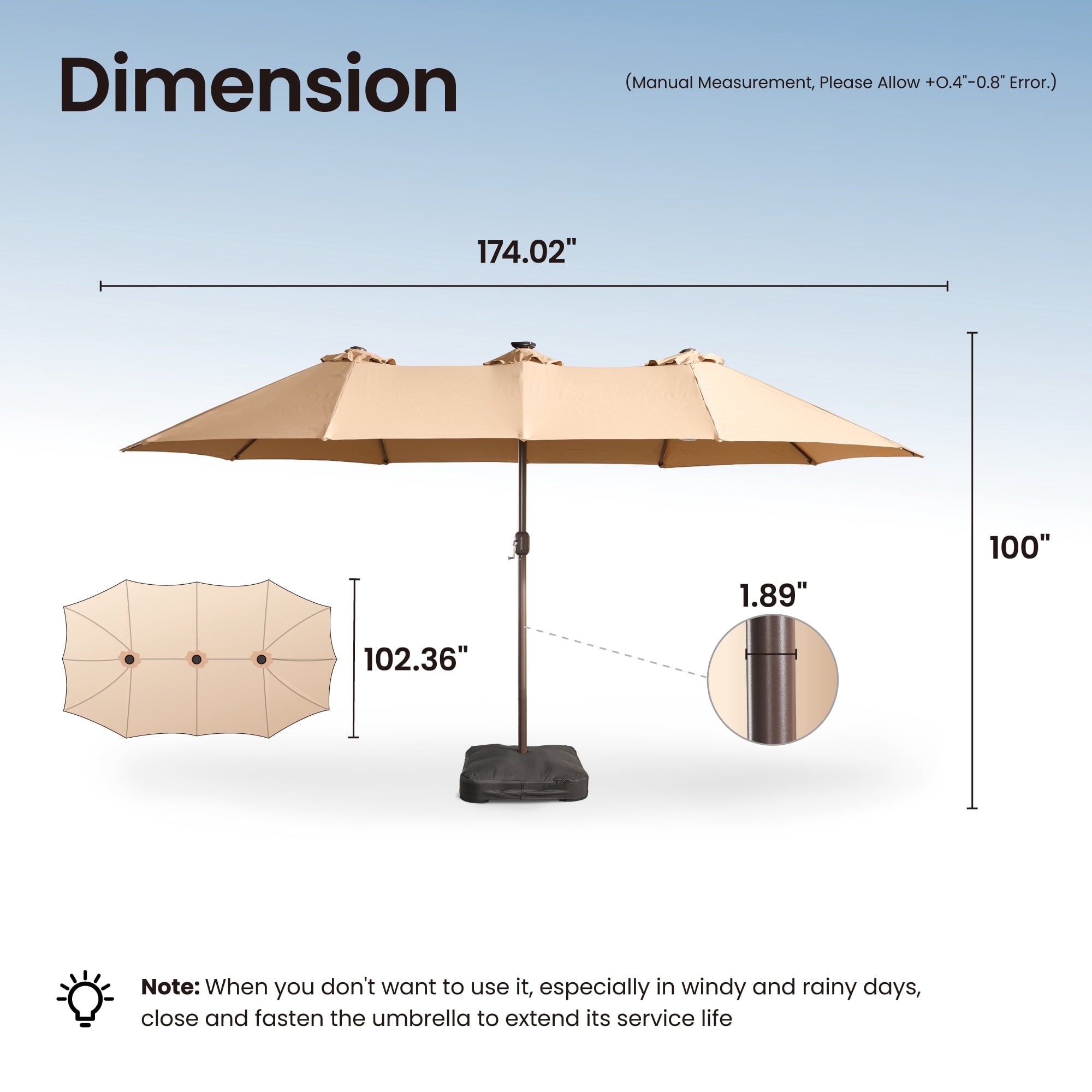 Ovios 15ft Solar LED Patio Umbrellas Double-Sided Outdoor Umbrella 36 LED Lights Large Poolside Umbrella with Base for Outside, Market, Backyard, Dark Grey