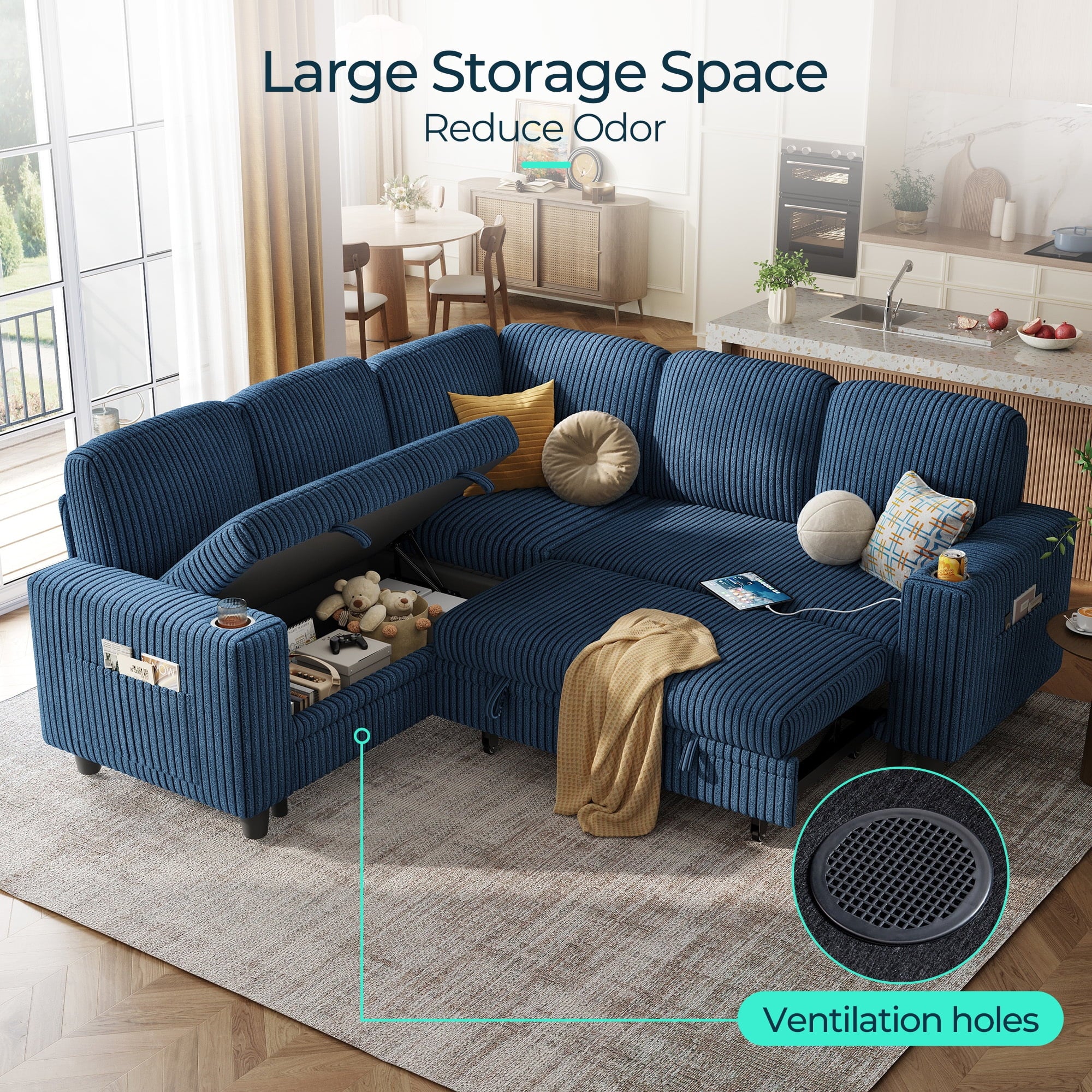 LINSY HOME L Shaped Sectional Couches for Living Room, Sleeper Sofa Bed with Reversible Storage Chaise, Pull Out Couch Bed with USB, Cup Holder, Black