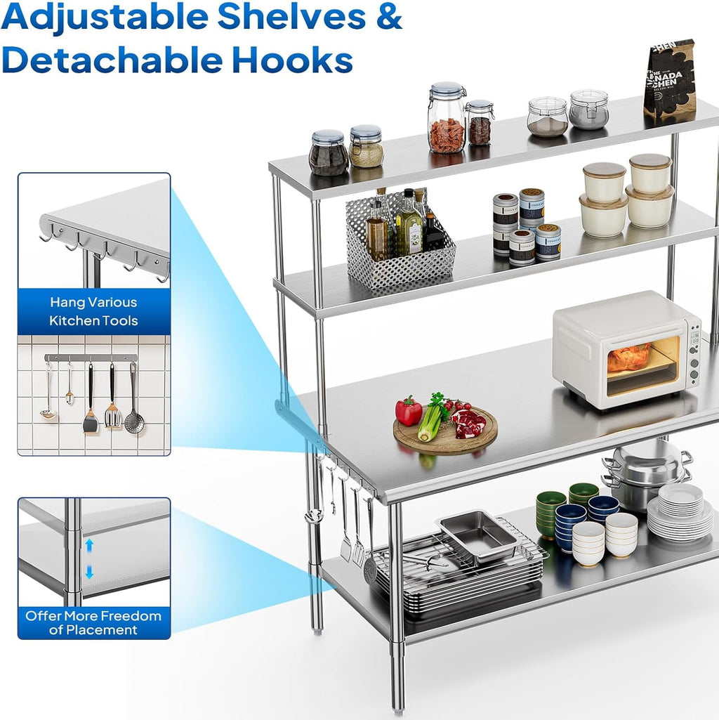 Ktaxon 72 x 30 Stainless Steel Workbench with Overshelves, NSF Commercial Heavy Duty Work Table with Adjustable Undershelf & Detachable Hooks