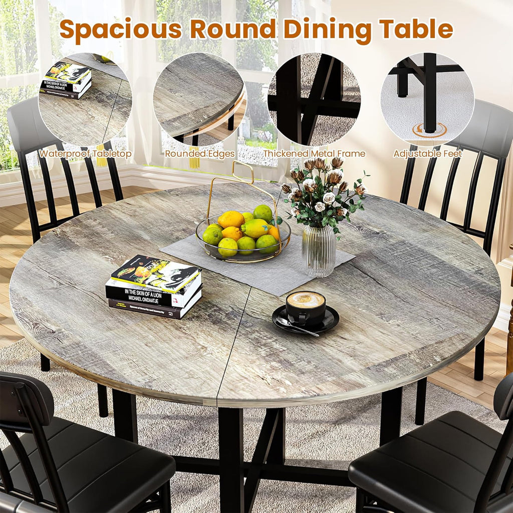 LinkRomat Round Dining Table Set for 4, Modern Dining Room Sets with 4 Faux Leather Chairs, Kitchen Dinner Wooden Table & Chair Set for Small Space, Grey