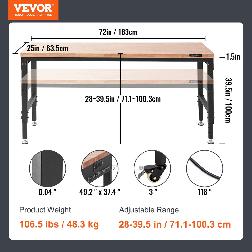 VEVOR Adjustable Workbench, 72 L X 25 W Garage Worktable with Universal Wheels, 28-39.5 Heights & 3000 LBS Load Capacity, with Power Outlets & Hardwood Top & Storage & Foot Pads, for Office Home