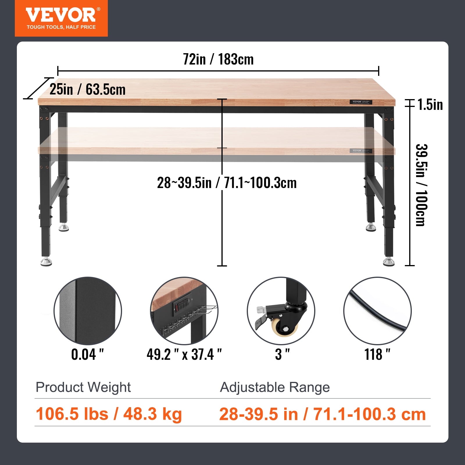 VEVOR Adjustable Workbench, 72 L X 25 W Garage Worktable with Universal Wheels, 28-39.5 Heights & 3000 LBS Load Capacity, with Power Outlets & Hardwood Top & Storage & Foot Pads, for Office Home