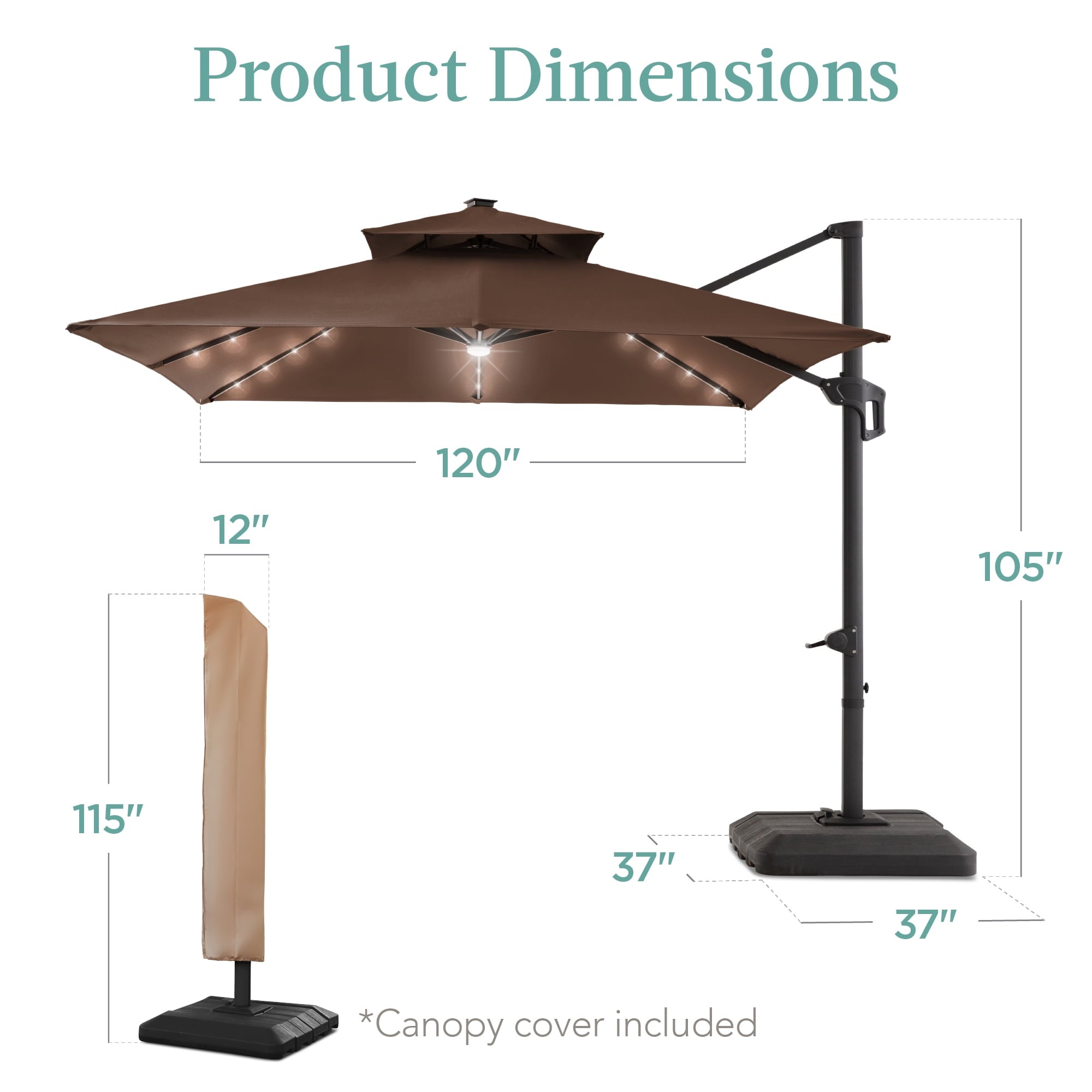 Best Choice Products 10x10ft 2-Tier Square Outdoor Solar LED Cantilever Patio Umbrella w/ Base Included - Tan