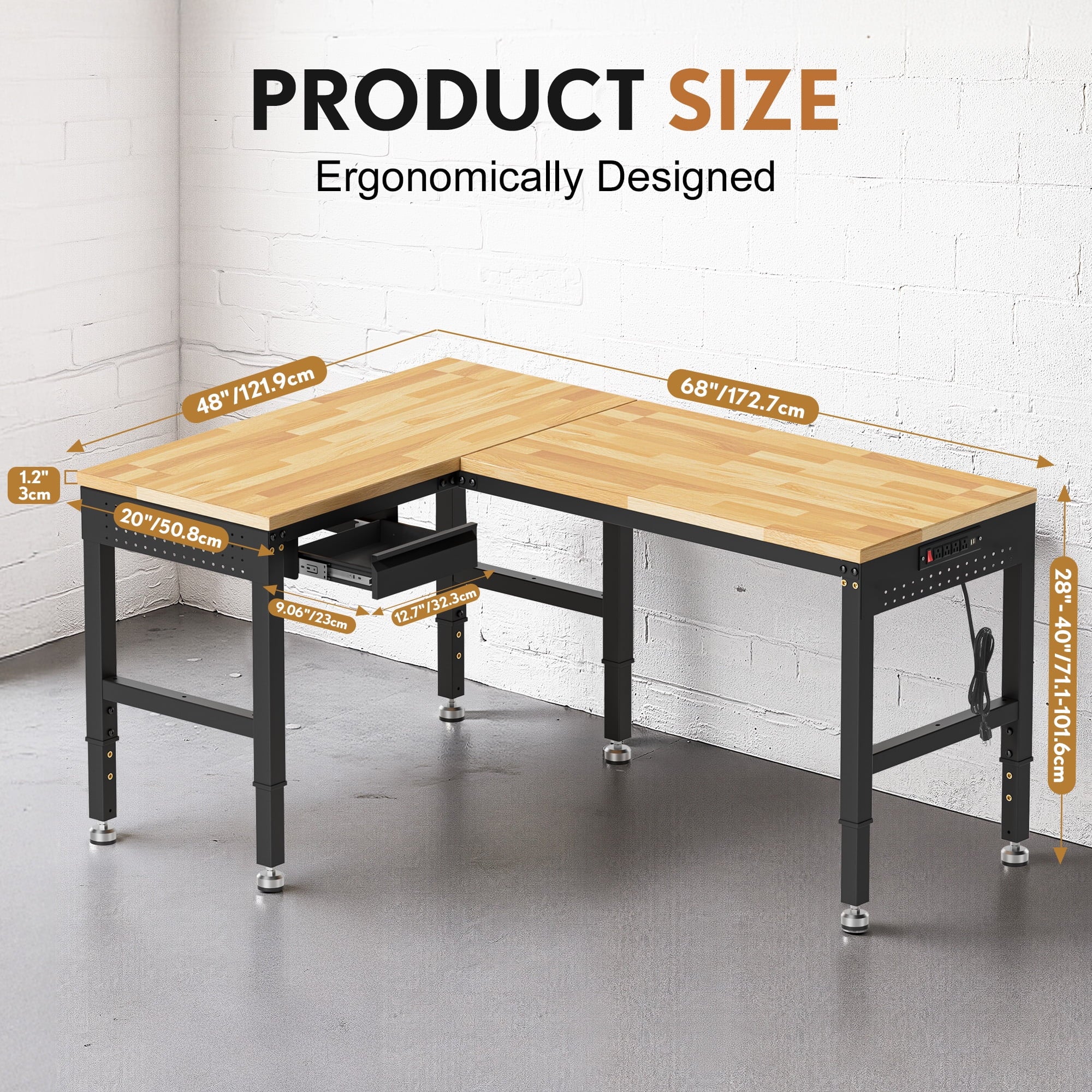 MUWOOD 96-inch L-Shaped Heavy-Duty Workbench with Adjustable Height, Wood Worktop, 5000 LBS Load Capacity for Garage, Workshop