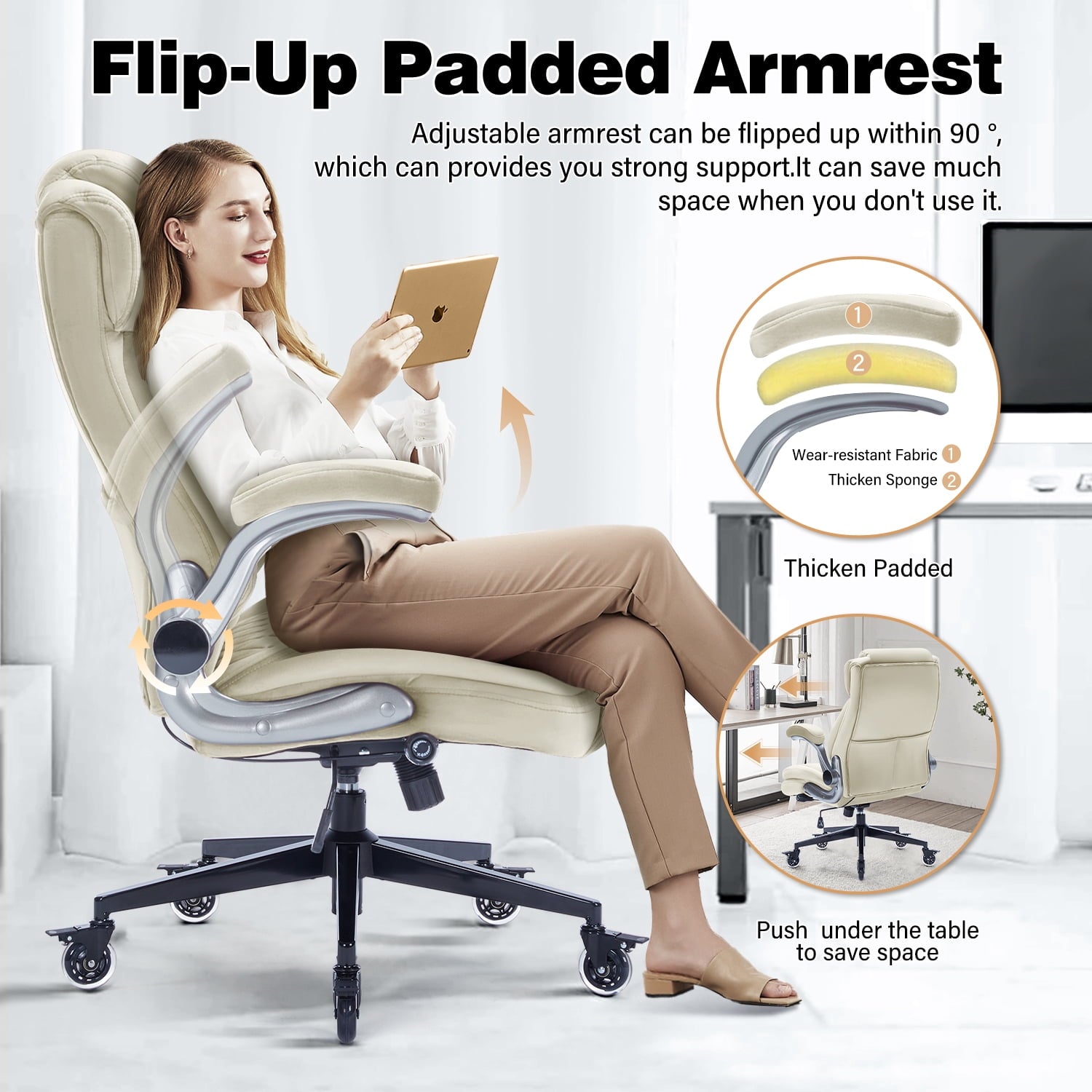 High Back Office Chair with Lockable Wheels, 400lbs Large Fabric Executive Desk Chair, Adjustable Lumbar Support Flip up Arms, Ergonomic Home Office Computer Chair with Storage Pocket, Black