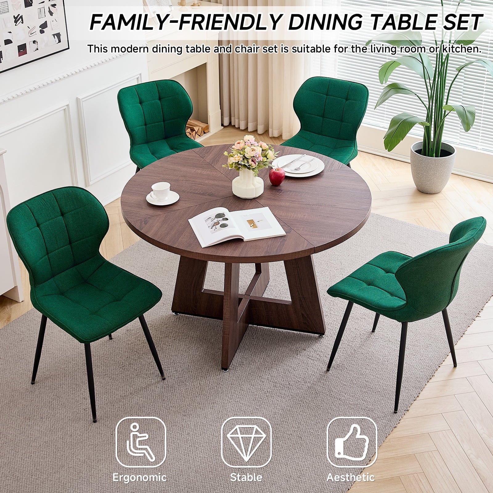 47 Round Dining Table Set for 4 Mid-Century Modern Kitchen Table with 4 Upholstered Chairs Kitchen Coffee Set Dining Table and Chairs for Living Room(Natural Table with 4 Beige Chairs)