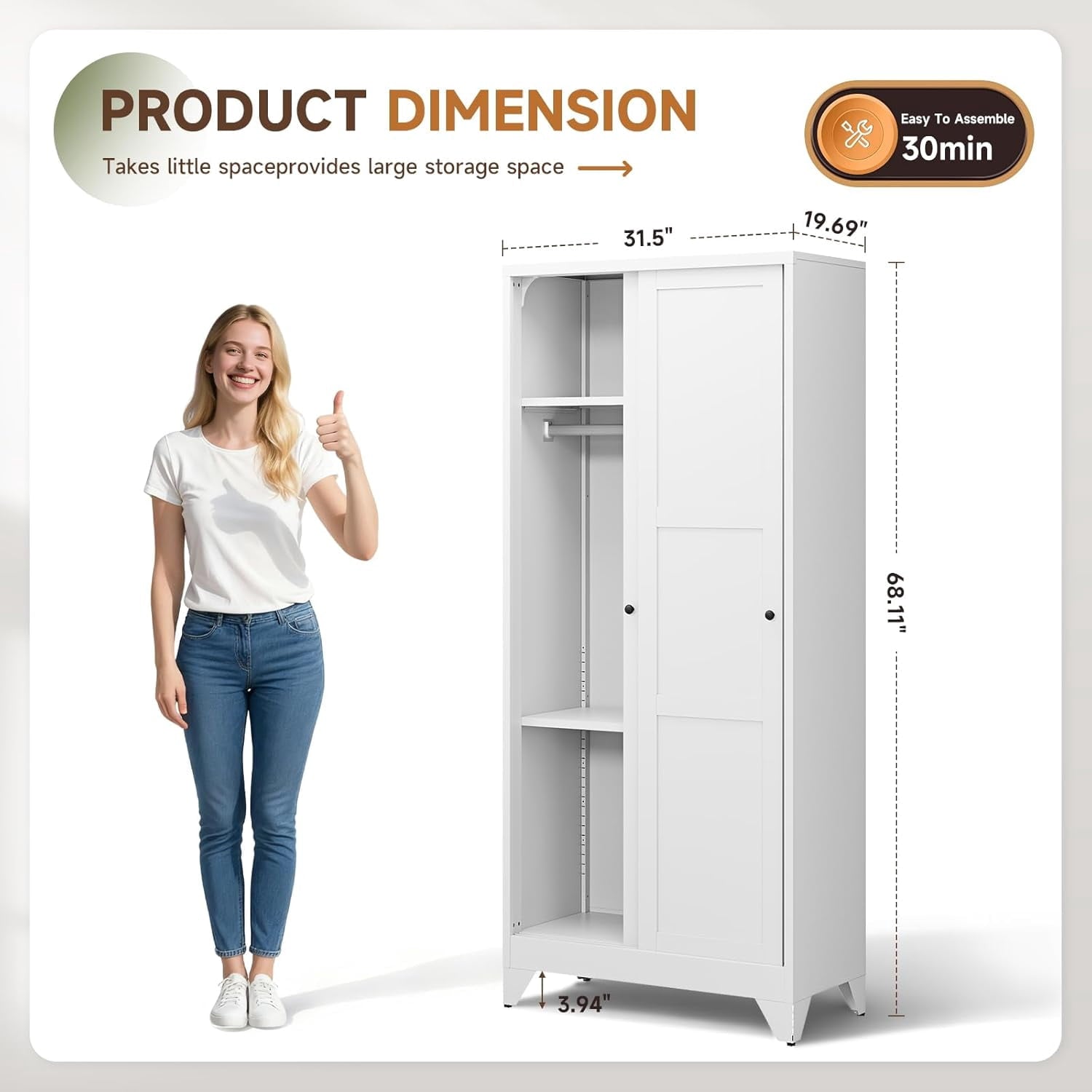 Wardrobe Closet,20 Deep Armoire Wardrobe Cabinets with Sliding Doors and Shelves,Narrow Slim Coat Closet Cabinet with Hanging Rod for Home (White)