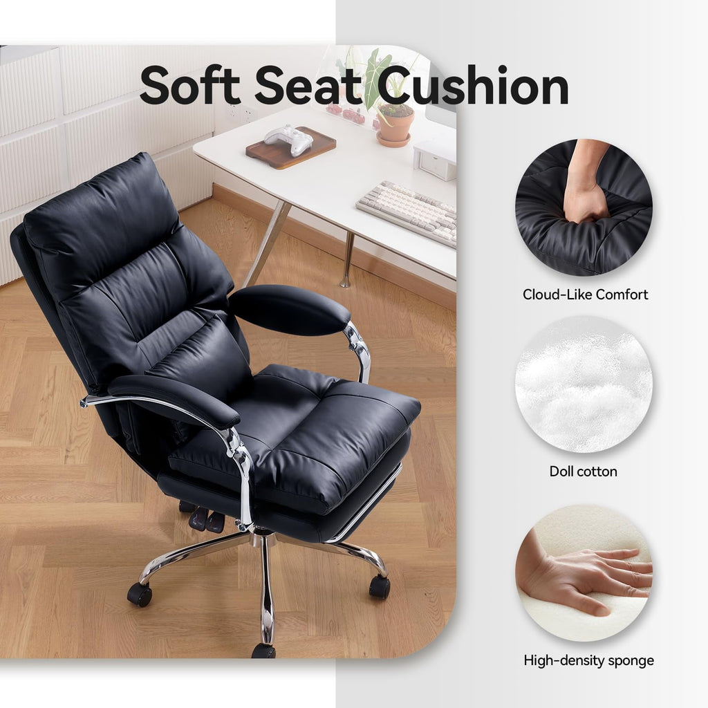 LEAGOO Reclining Office Chair with Foot Rest, Executive Office Chairs with Arms, Ergonomic High Back PU Leather Comfy Swivel Computer Desk Chairs with Wheels and Lumbar Support for Home Office, White