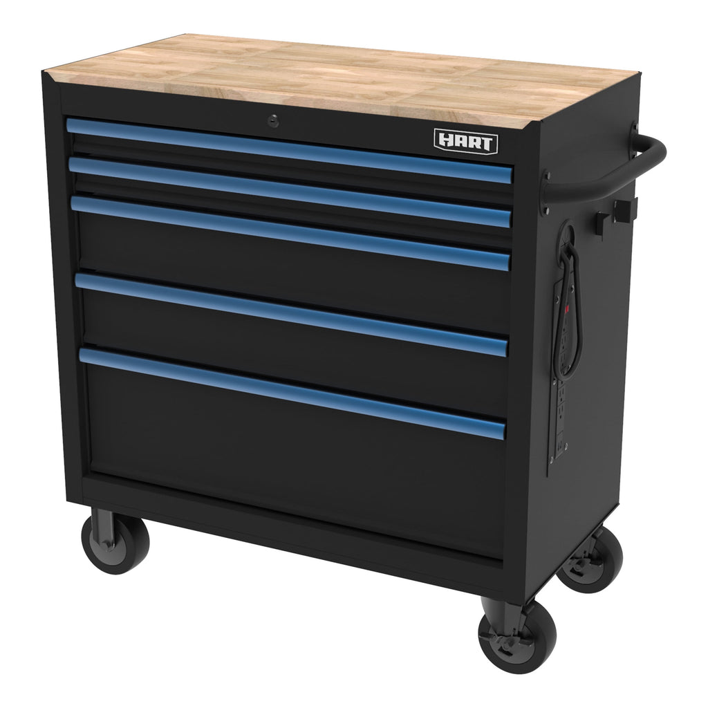 HART 36-Inch 5-Drawer Mobile Tool Chest Workbench with Wood Top, Rolling Garage Storage
