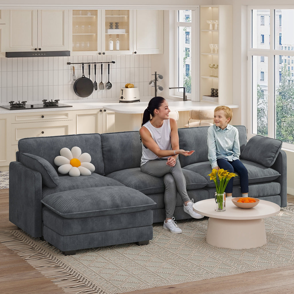 Sofa, L-Shaped Sofa Couch with Deep Seat and Movable Footrest Sofa for Office|Living Room, Gray