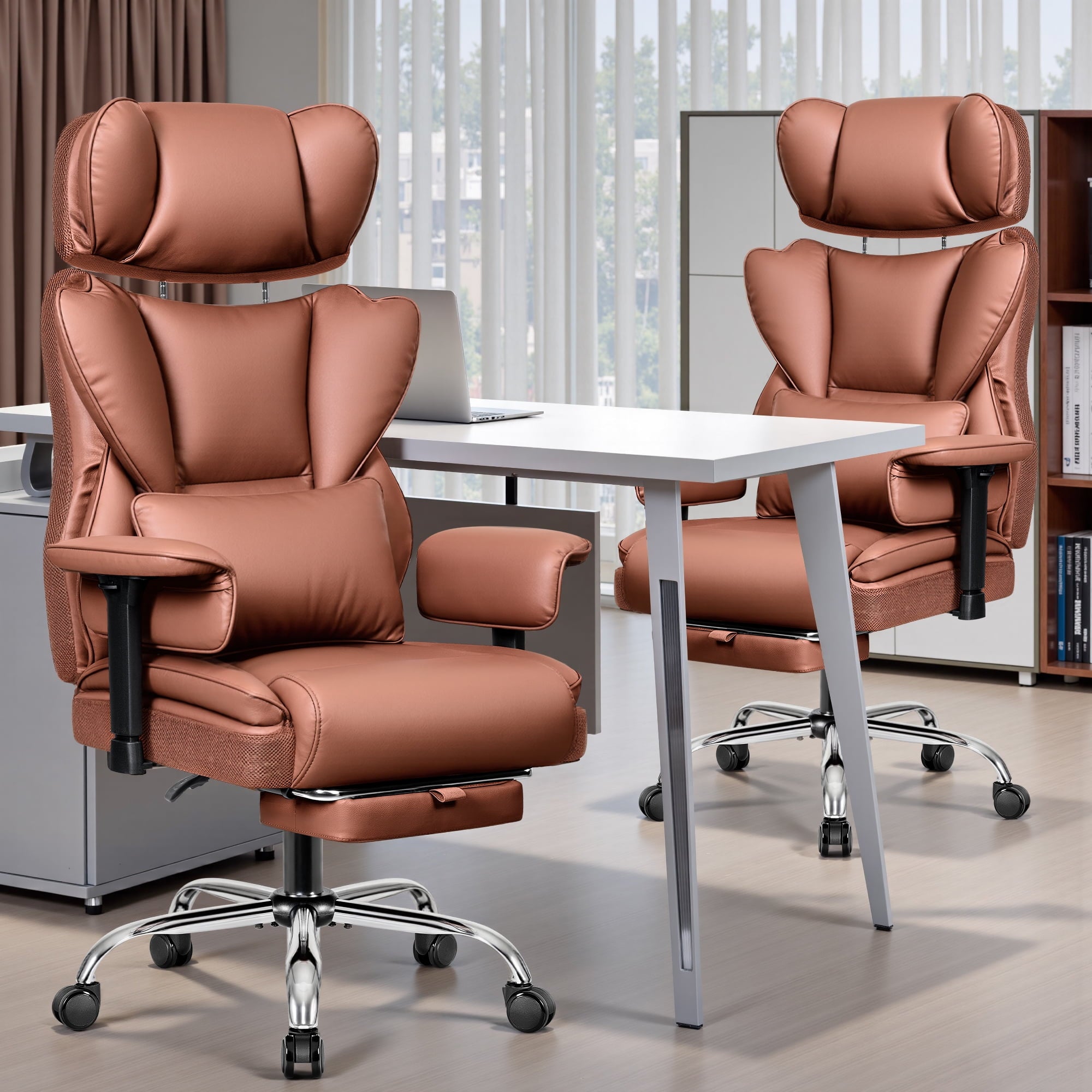 COOLHUT Big and Tall PU Leather Office Chair with Adjustable Headrest & Footrest, Executive Computer Desk Chair with 3D Adjustable Padded Armrest, Ergonomic Office Chair with Lumbar Support, Black