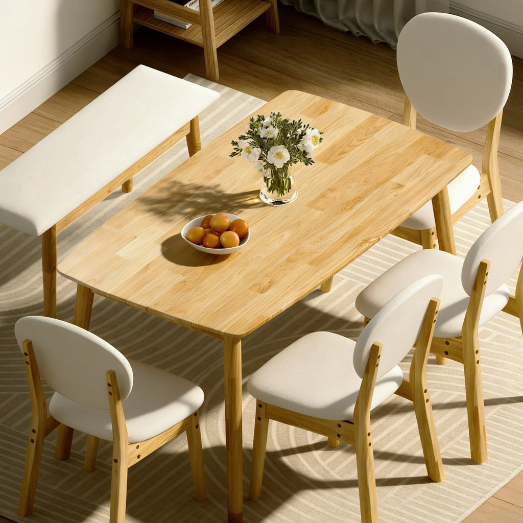 Ktaxon Solid Wood Dining Table Set for 6, Mid-Century Dining Room Table with 4 Padded Chairs & Bench, 47.3 Dining Room Set for 4~6 Family Use, Natural Wood