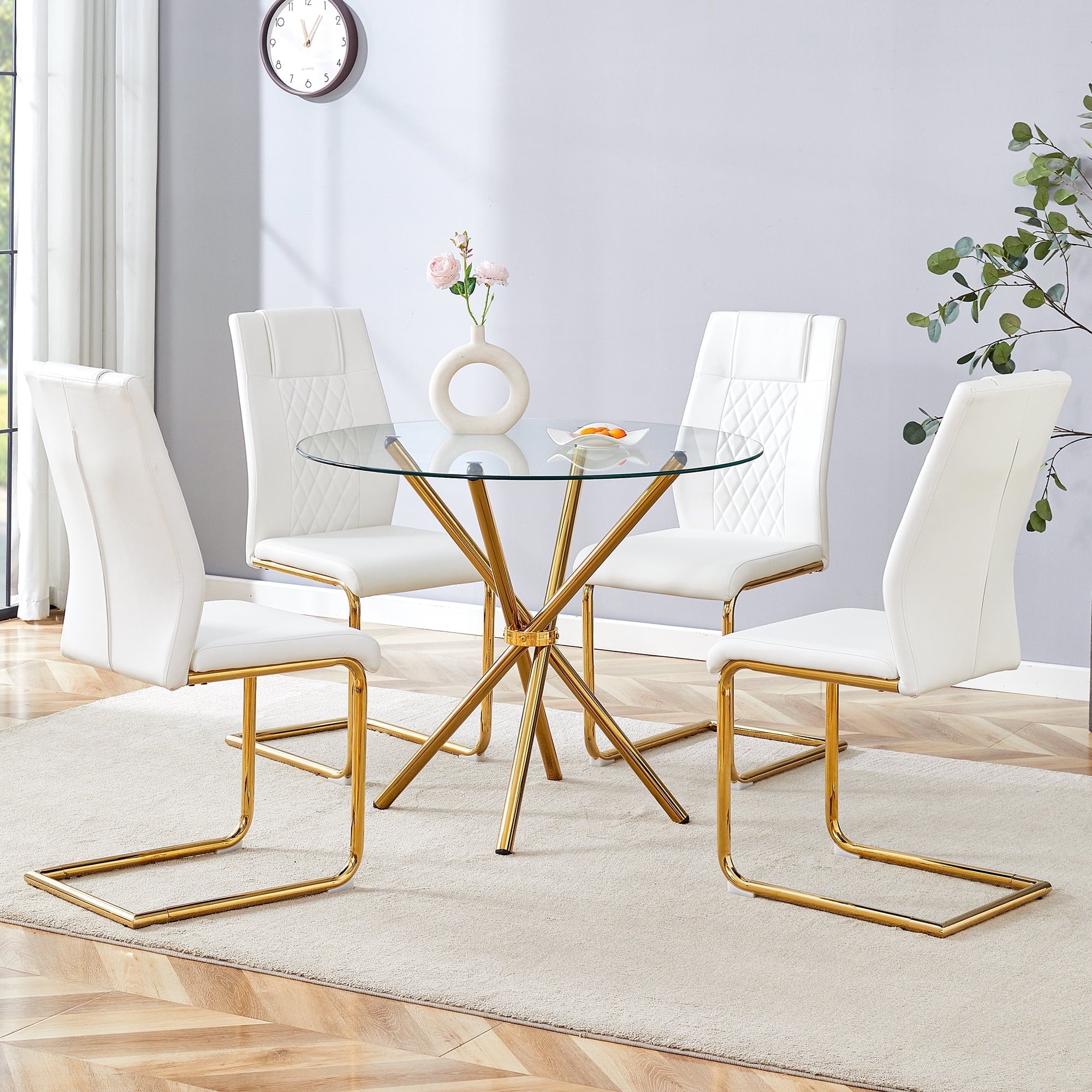 LUFTUT 36.6 Round Glass Dining Table, Modern Gold Base Kitchen Table, Small Space Bistro Table, Clear Tempered Glass Top for Apartmen