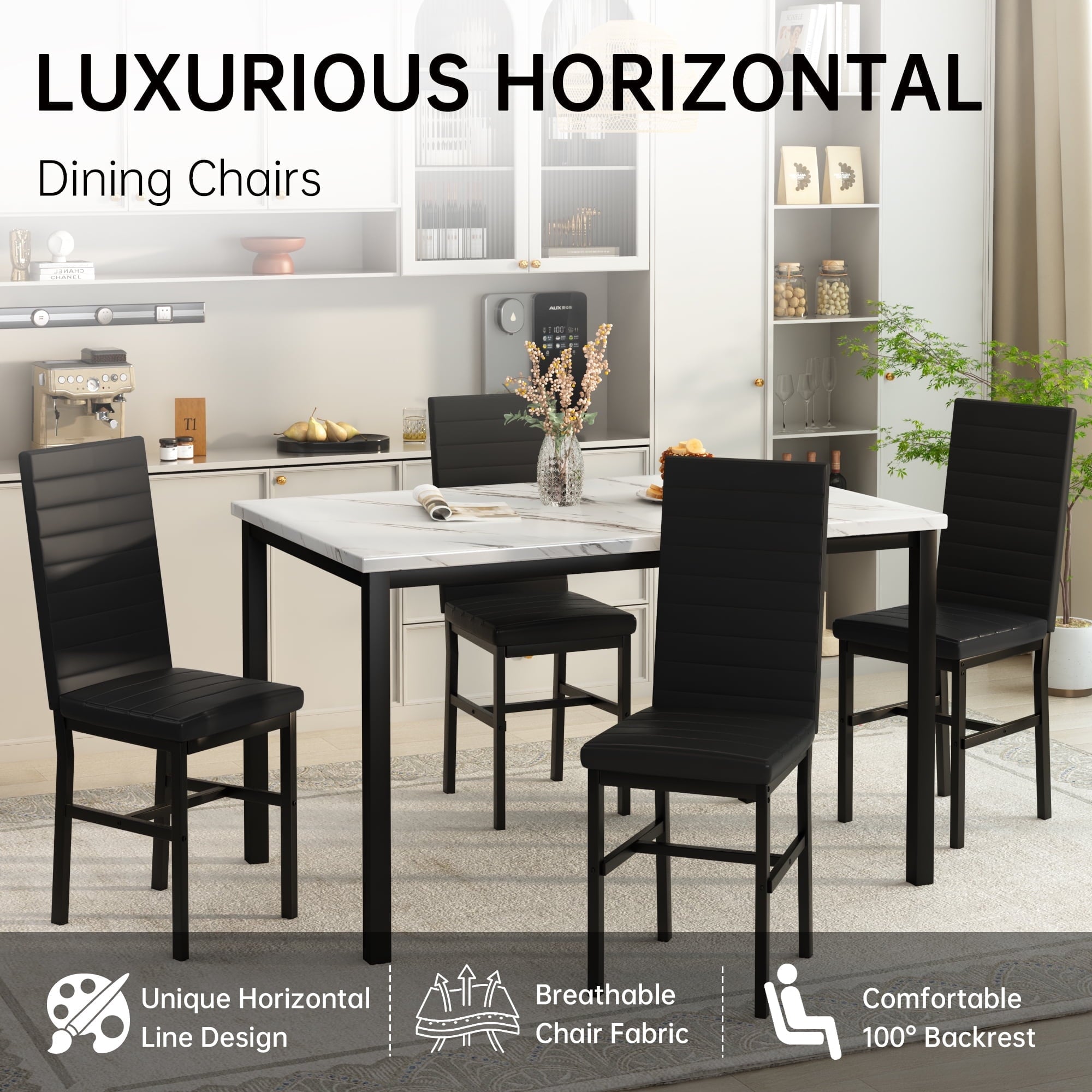 AWQM 5 Piece Dining Table Set, Faux Marble Kitchen Table and Chairs for 4, Dining Room Table Set with 4 PU Leather Chairs, White