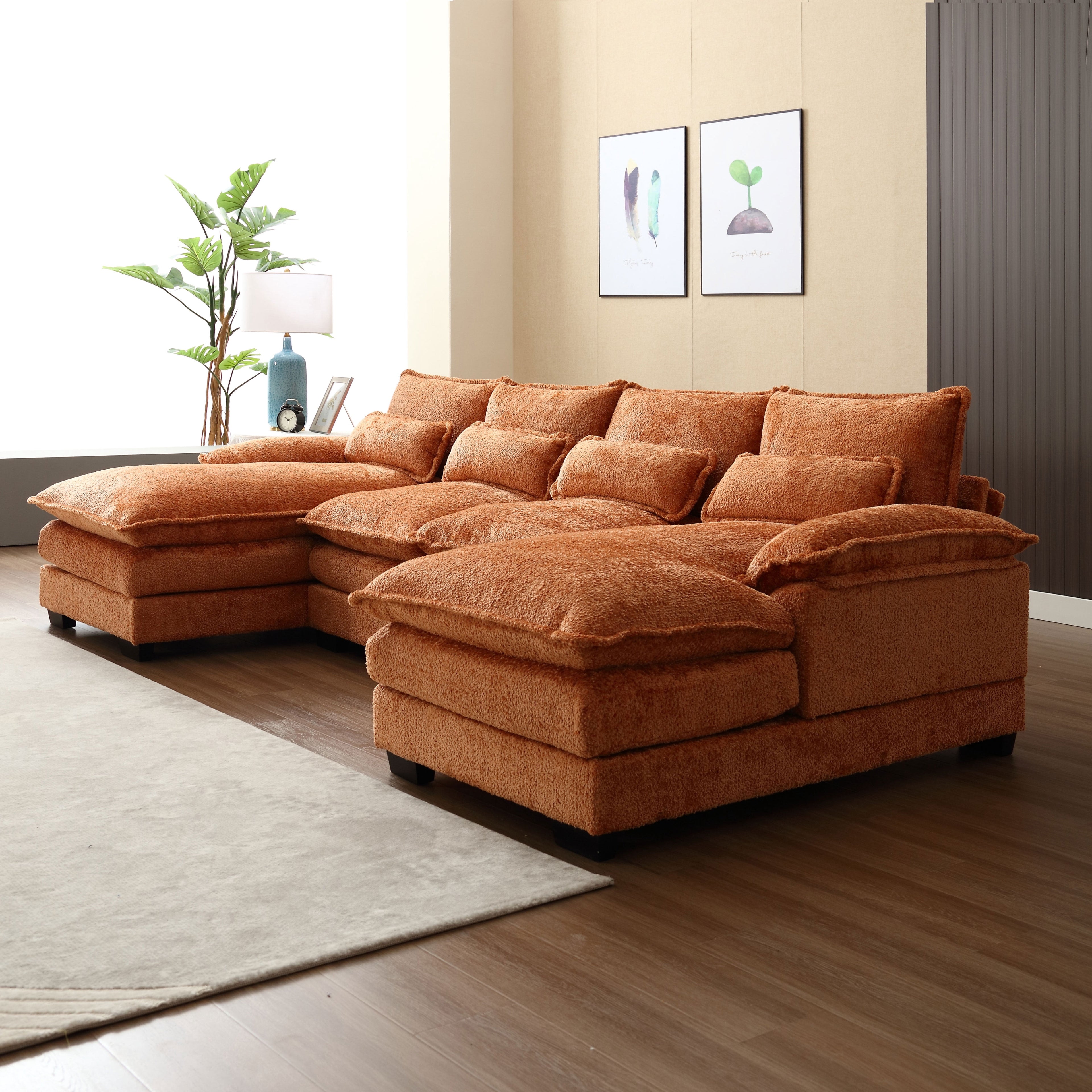 JONPONY109.45 U Shaped Couch,Oversized 4 Seat Sectional with 4 Waist Pillows, Convertible Upholstery Symmetrical Sofá,Sleeper Sofa Couch with Double Chaise Lounge &Memory Foam for Living Room, Beige