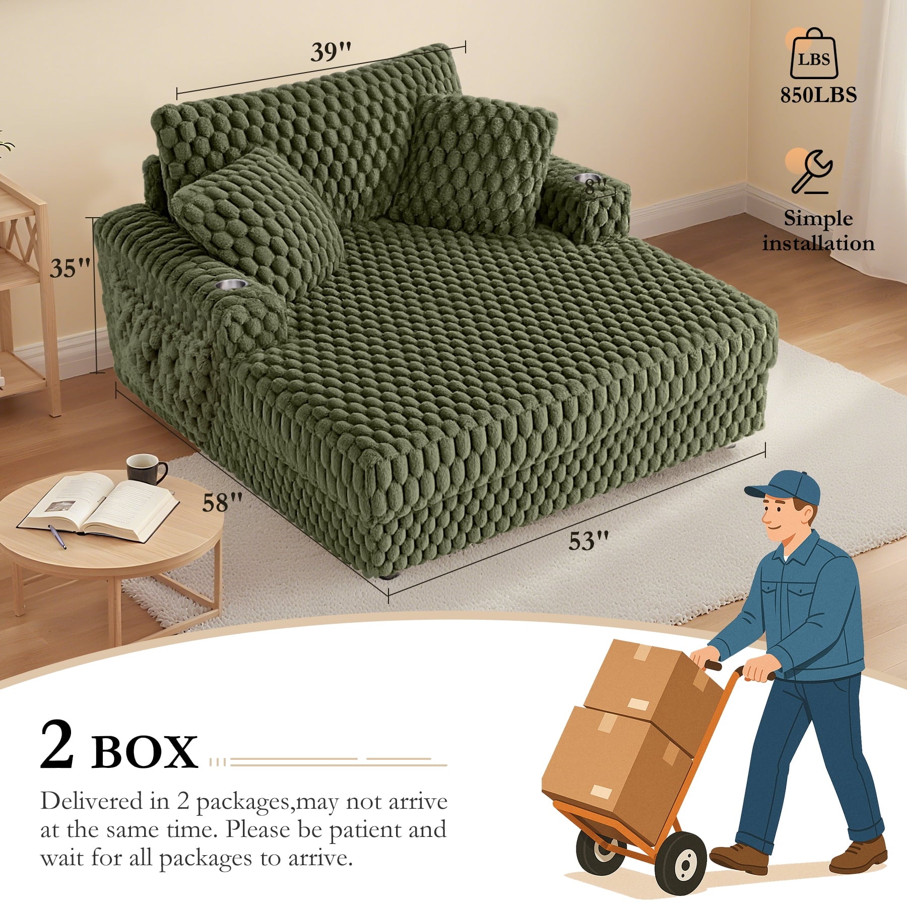 ATHOPE 67.3 Chaise Lounge Chair Indoor, Corduroy Couch Chair with Pillows, Comfy Reading Chairs with Wide Arms, Upholstered Sleeper Sofa for Living Room, No Assembly Required, Gray