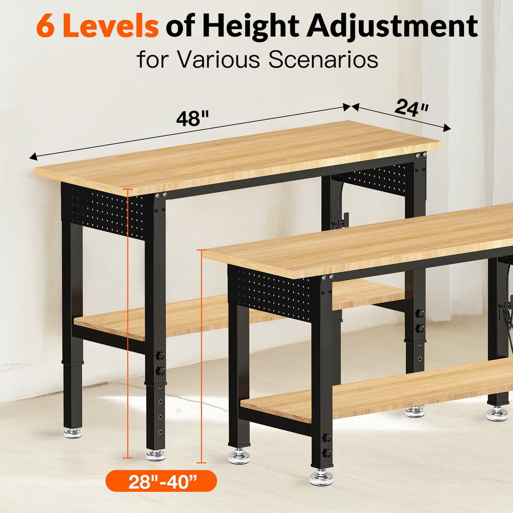 60 inch Workbench for Garage, Heavy-Duty 2 Tier Wood Work Bench with Storage Pegboards, Hooks, Power Outlets, Rubber Wood Tabletop 2000 LBS Load Bearing Workstation Garage Desk Work Table