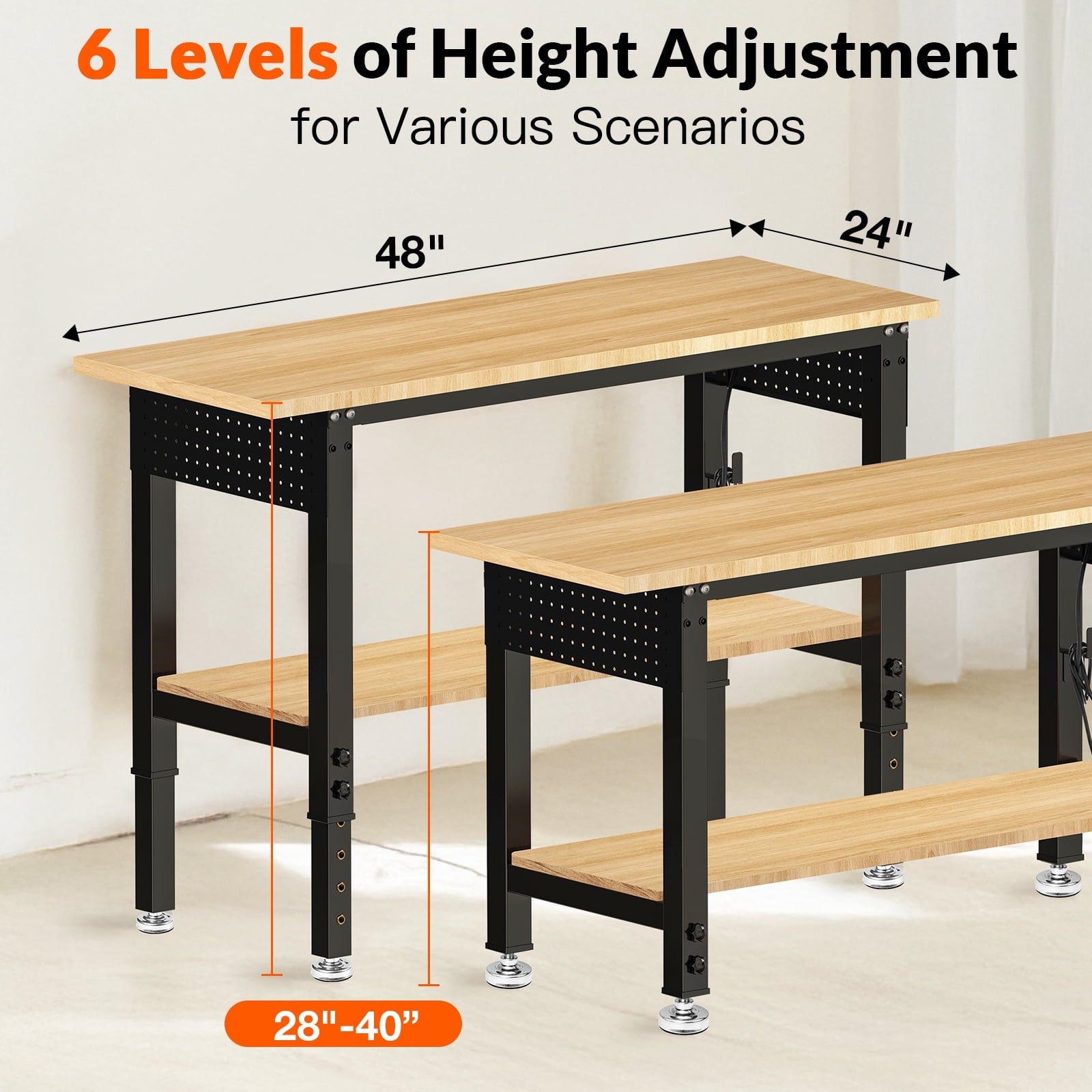 60 inch Workbench for Garage, Heavy-Duty 2 Tier Wood Work Bench with Storage Pegboards, Hooks, Power Outlets, Rubber Wood Tabletop 2000 LBS Load Bearing Workstation Garage Desk Work Table