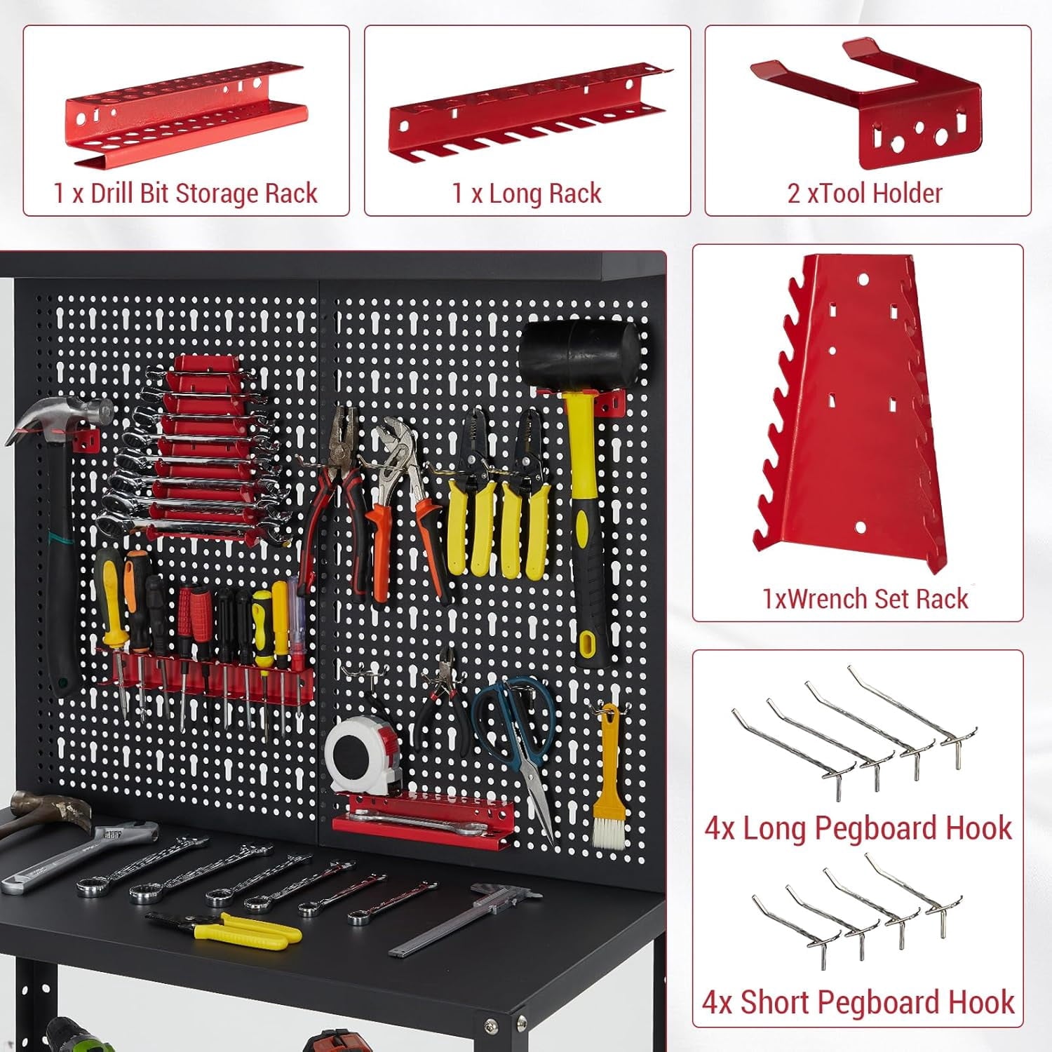 32x60 In Heavy Duty Steel Workbench 430 lb Capacity Garage Workbench with Pegboard Adjustable Shelves and Leveling Feet