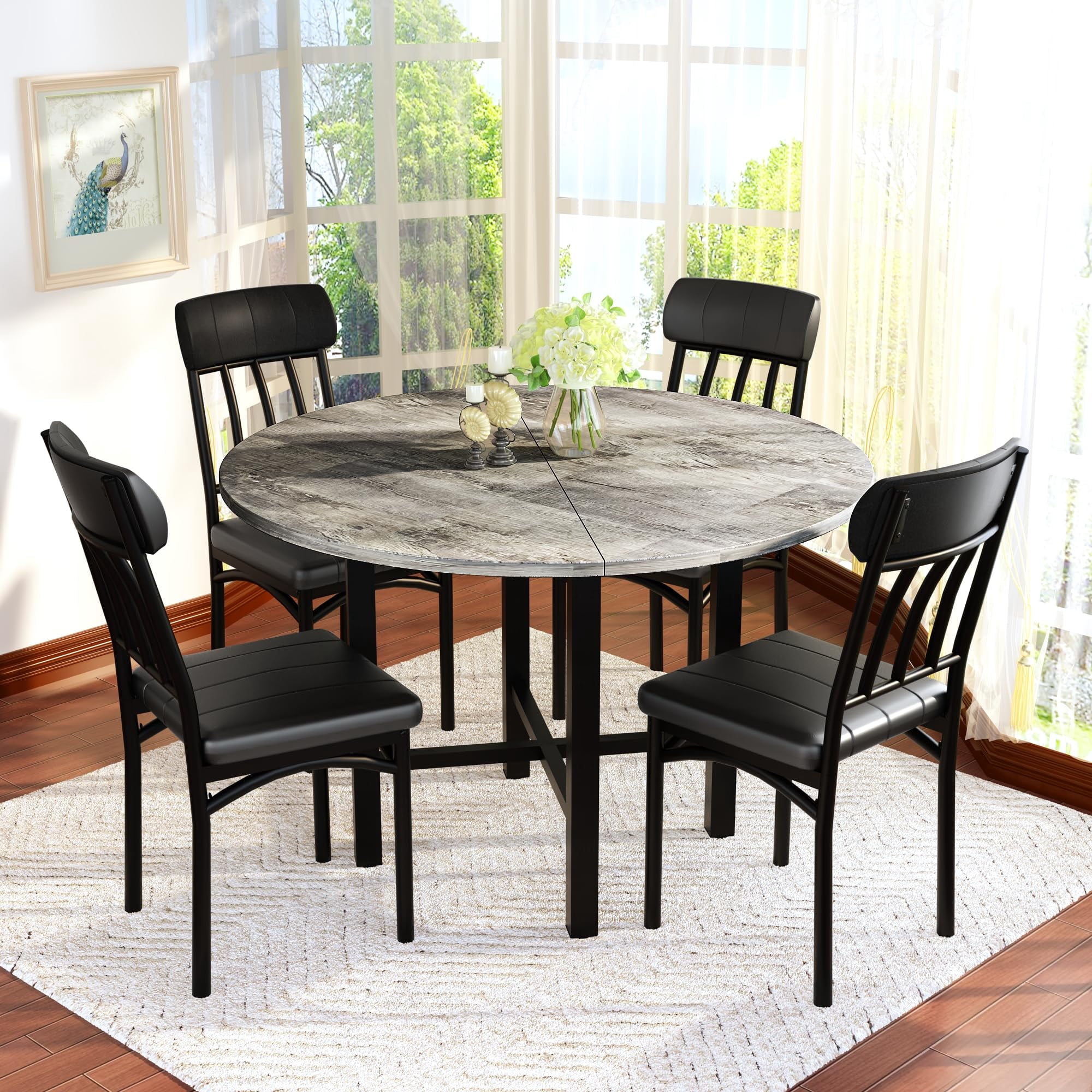 MOOSENG Round Dining Table Set for 4,Faux Marble Circle Dining Table Set with Chairs,Modern Kitchen Table and Chairs Set for 4,Round Dinner Table & Chair Set for Small Space
