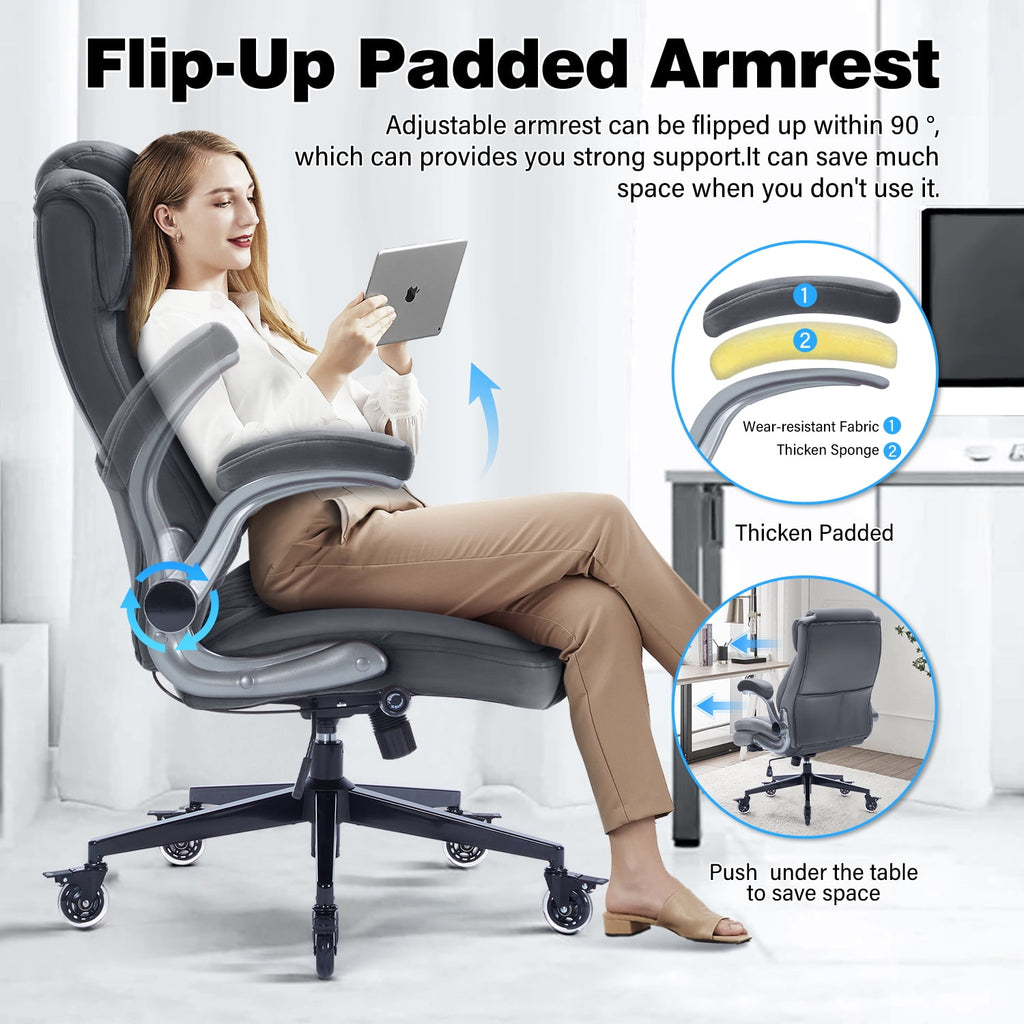 High Back Office Chair with Lockable Wheels, 400lbs Large Fabric Executive Desk Chair, Adjustable Lumbar Support Flip up Arms, Ergonomic Home Office Computer Chair with Storage Pocket, Black