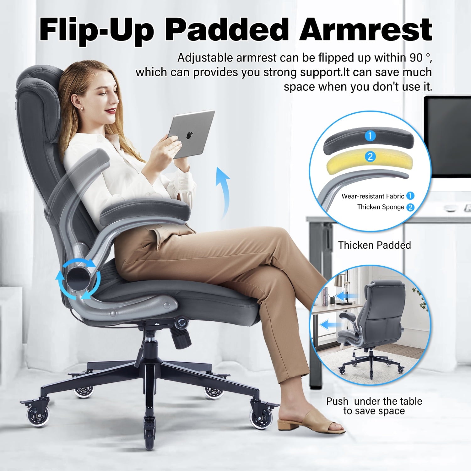 High Back Office Chair with Lockable Wheels, 400lbs Large Fabric Executive Desk Chair, Adjustable Lumbar Support Flip up Arms, Ergonomic Home Office Computer Chair with Storage Pocket, Black