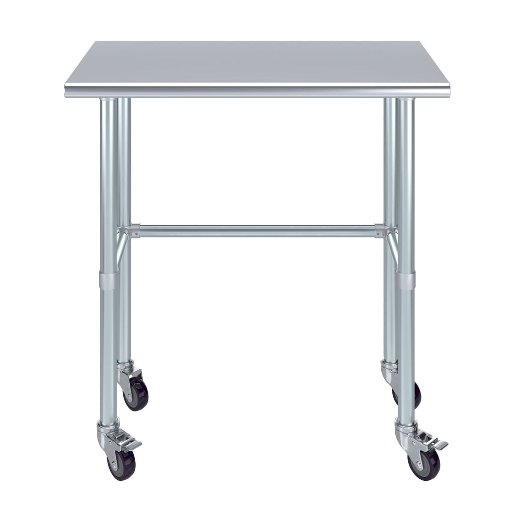 AmGood 36 Long x 30 Deep Stainless-Steel Work Table with Open Base and Wheels, Mobile Metal Table