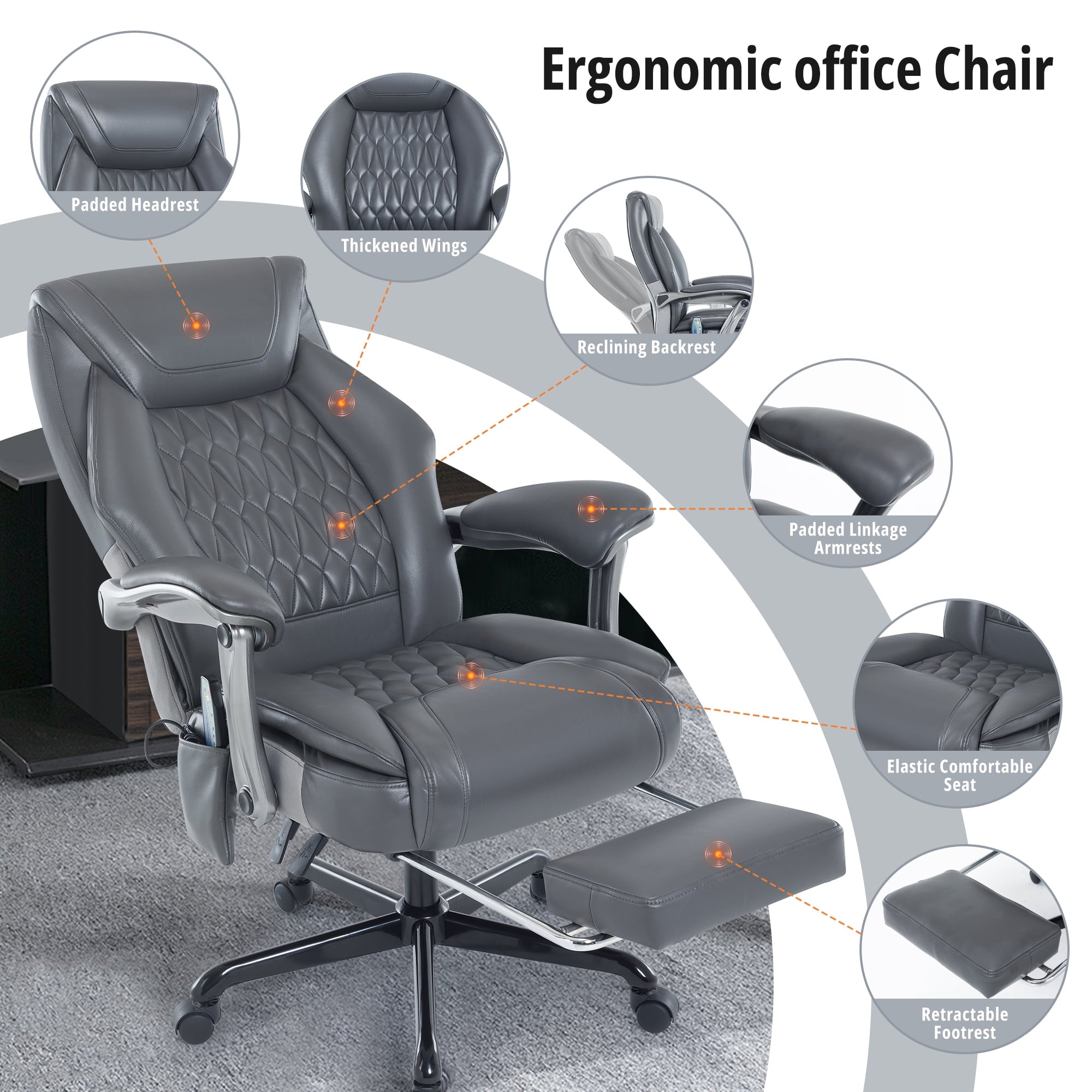 Heated Massage Office Chair with 6 Points Vibration, Reclining Ergonomic Desk Chair with Footrest for Extra Comfort, PU Leather High Back Executive Computer Chair, Thick Padded Massage Chair