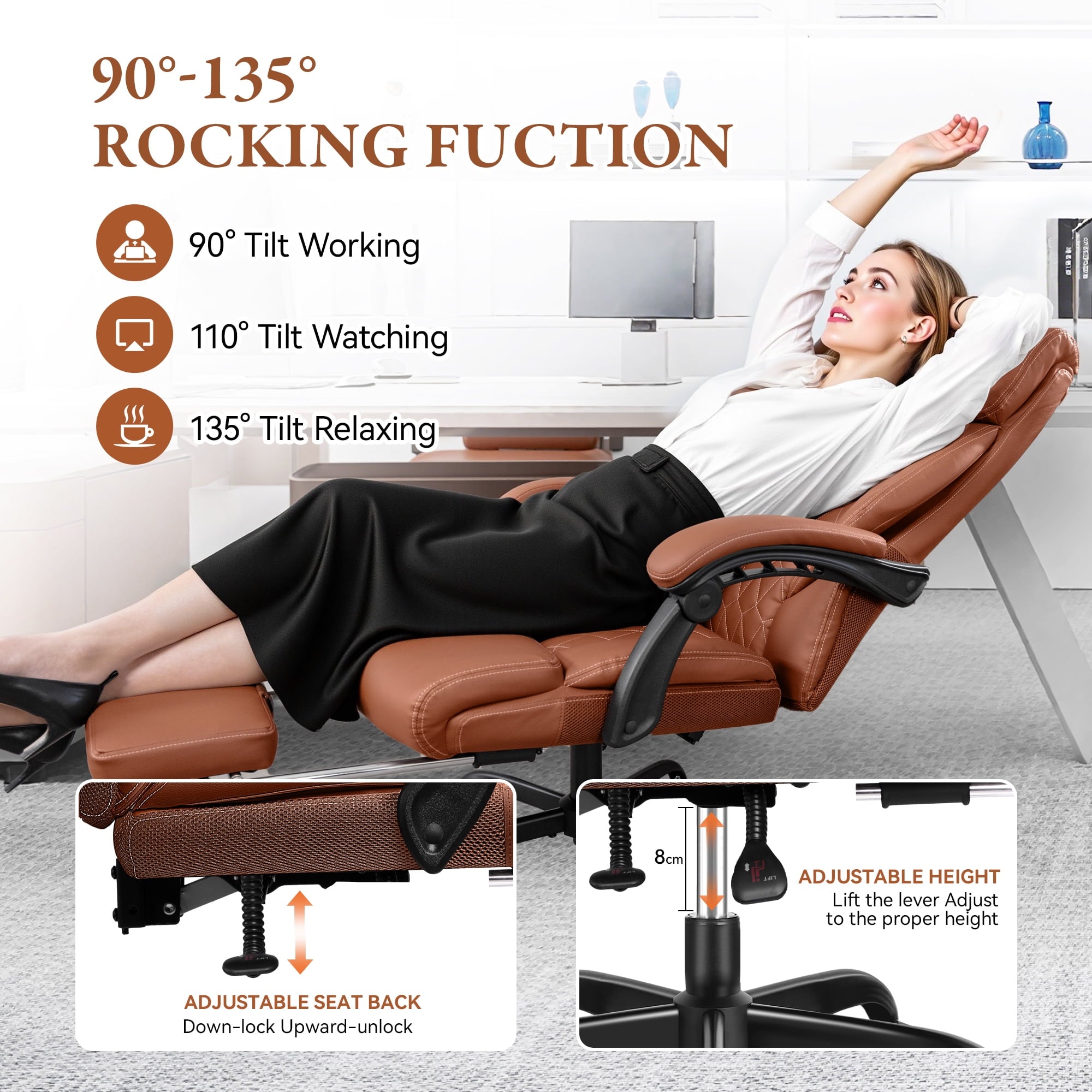 FASTES Executive Office Chair, Ergonomic Desk Chair with Adjustable Armrests, Computer Leather Chair Big and Tall Office Chair with Footrest and Lumbar Support, Brown