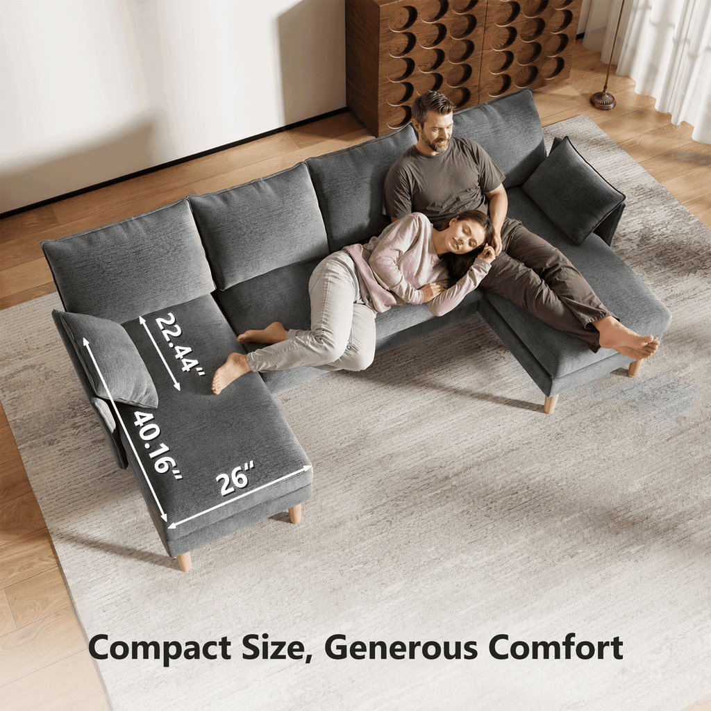 BedLuxury 100 U-Shape Sectional Sofa with Chaise, Chenille Modern Couch with High Legs for Living Room, Apartment, Beige