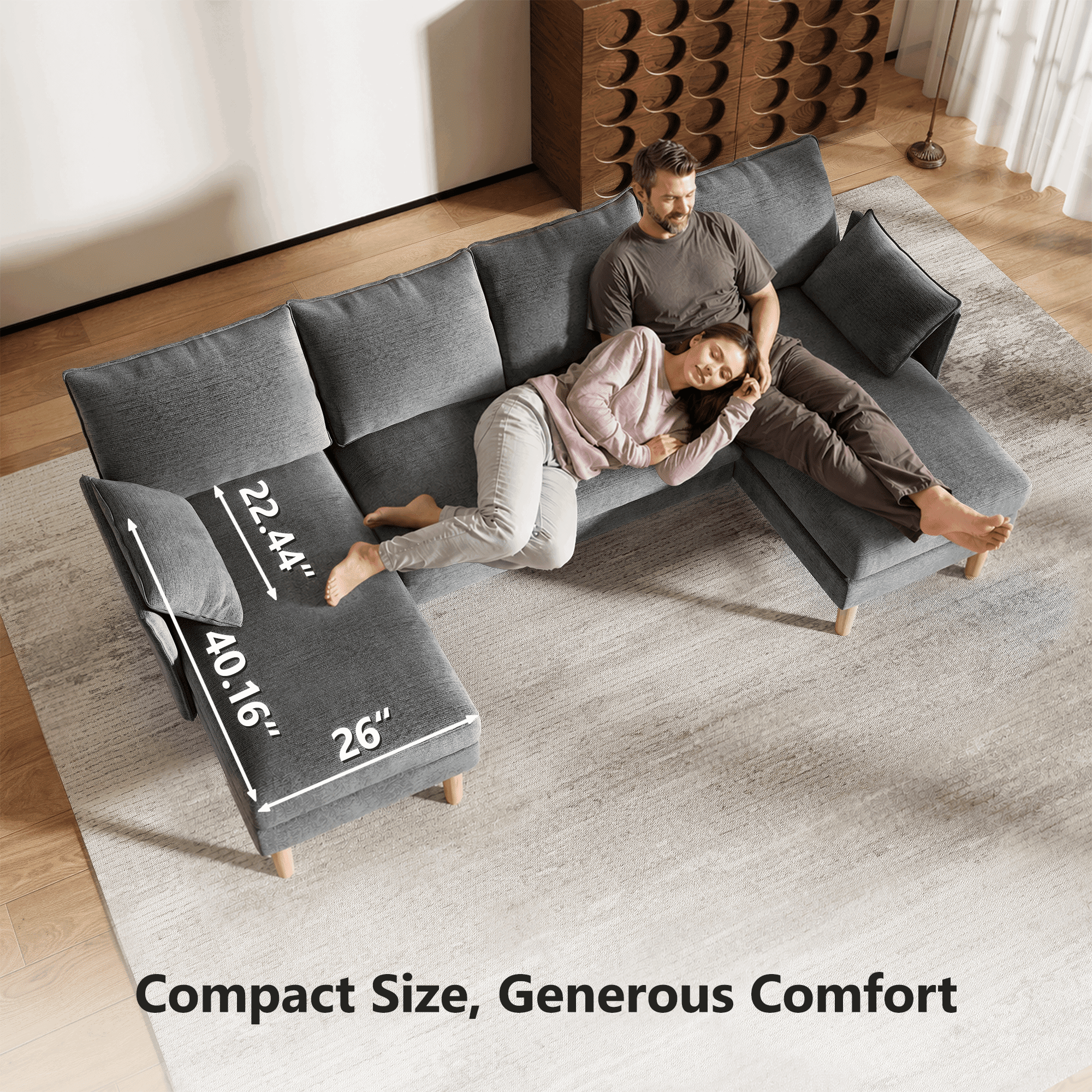 BedLuxury 100 U-Shape Sectional Sofa with Chaise, Chenille Modern Couch with High Legs for Living Room, Apartment, Beige