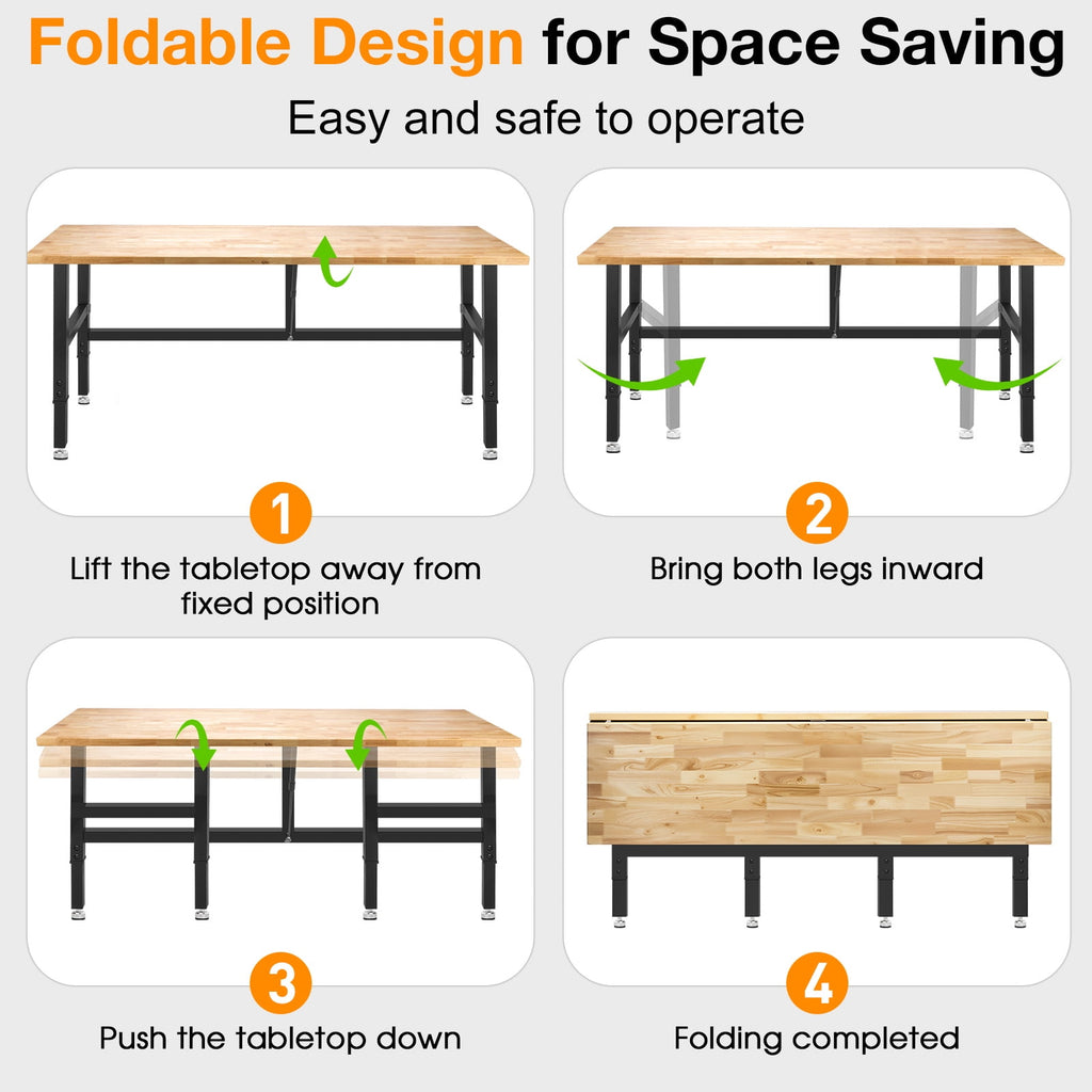 MUWOOD 48-inch Folding Workbench with Adjustable Height, Wood Worktop, Rubberwood, 2000 LBS Capacity Heavy Duty for Workshop, Garage, Office, Home