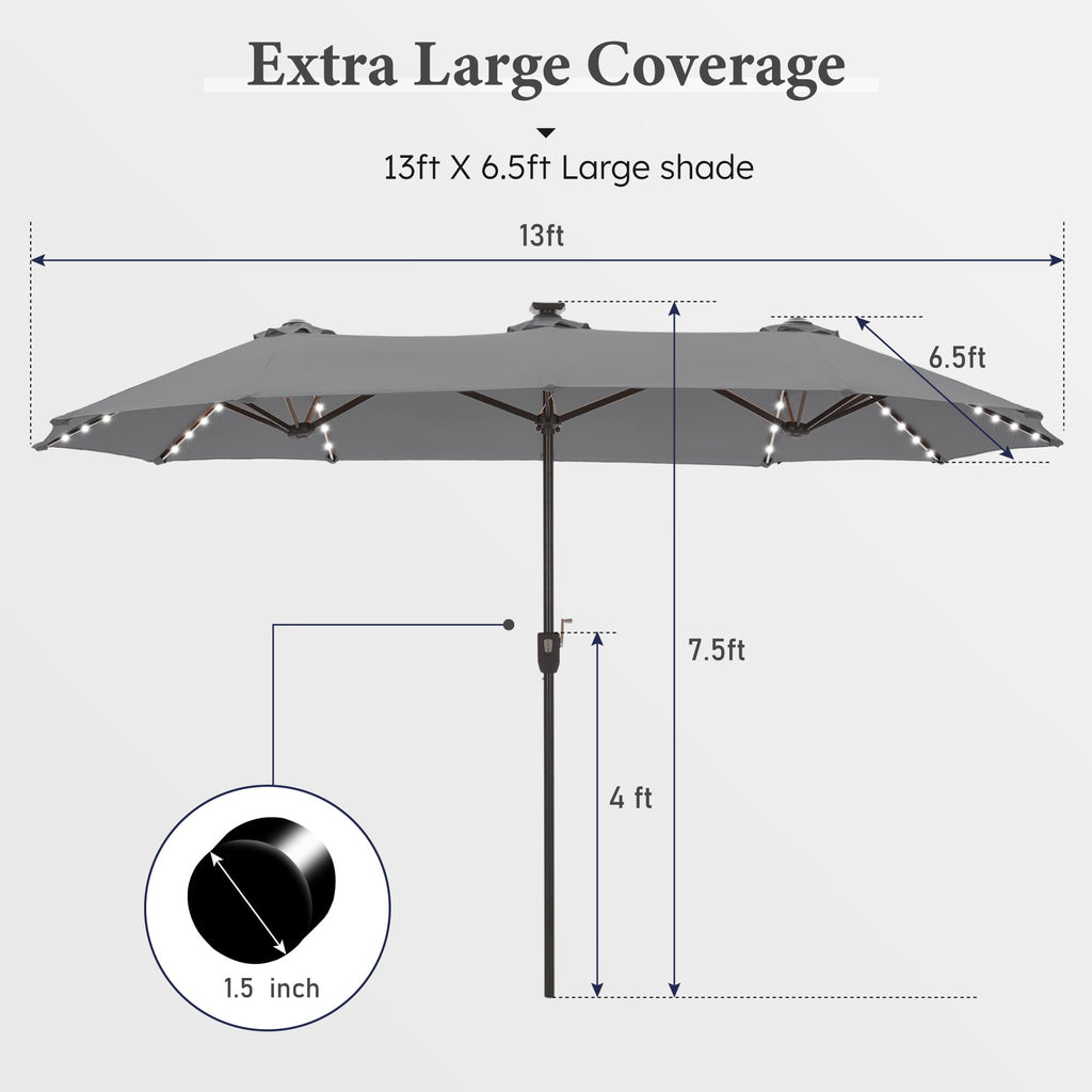 SUMMIT LIVING 13ft Large Patio Umbrella with Multi-Color LED Solar Lights Double-Sided Rectangular Outdoor Table Umbrella – Beige