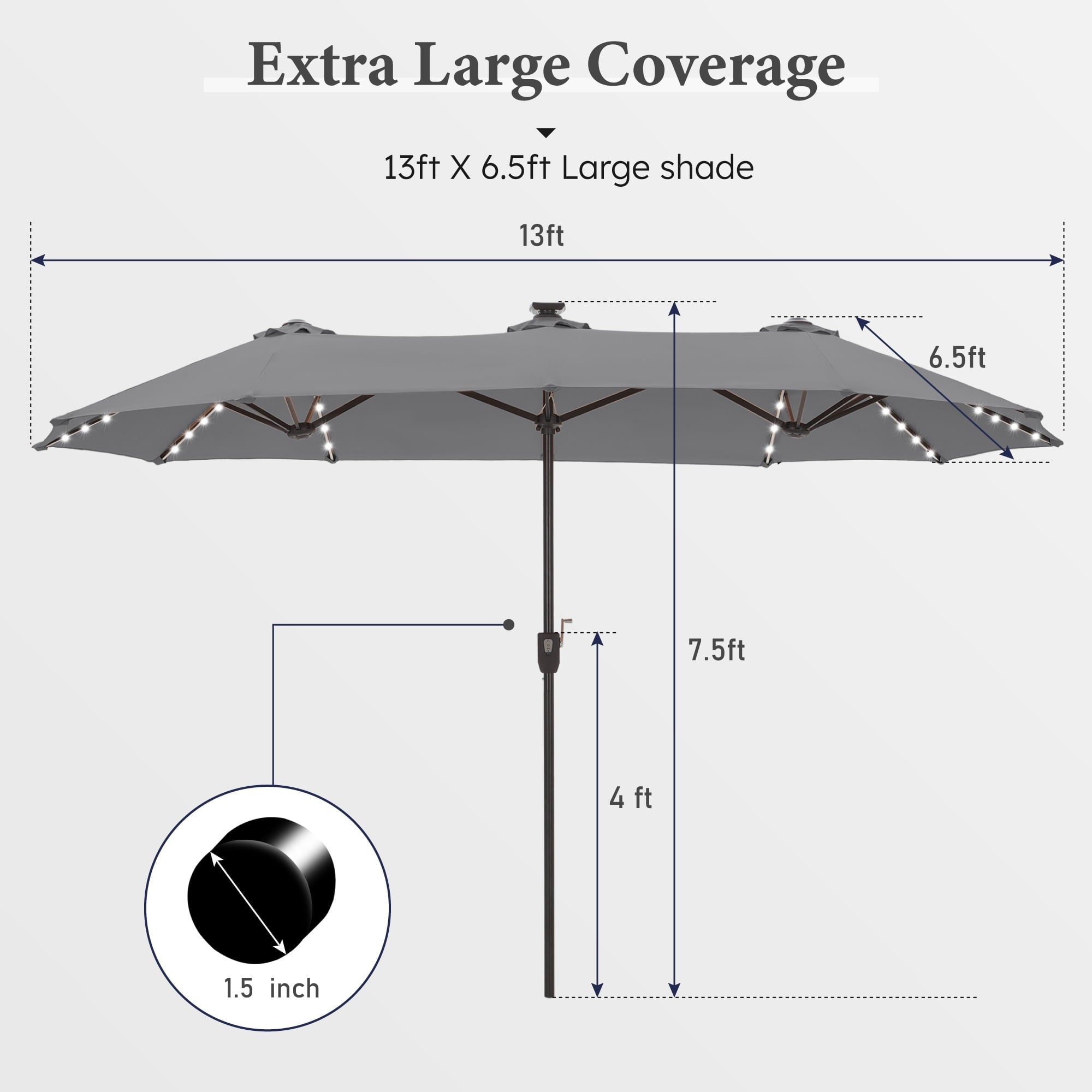 SUMMIT LIVING 13ft Large Patio Umbrella with Multi-Color LED Solar Lights Double-Sided Rectangular Outdoor Table Umbrella – Beige