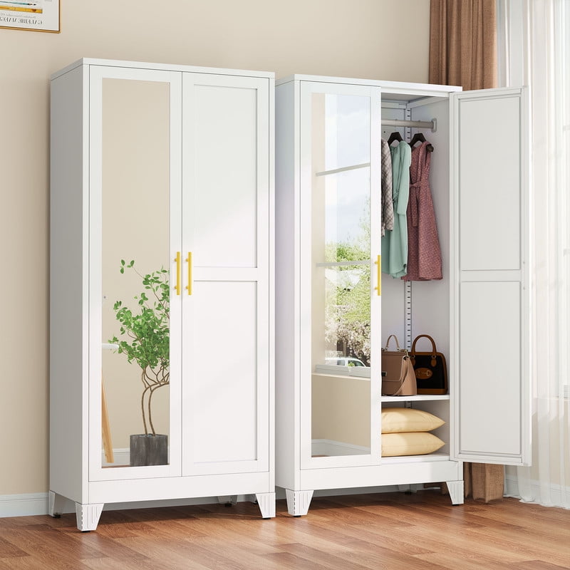Ero Metal Freestanding Armoire Wardrobe Closet with Hanging Rod and Mirror