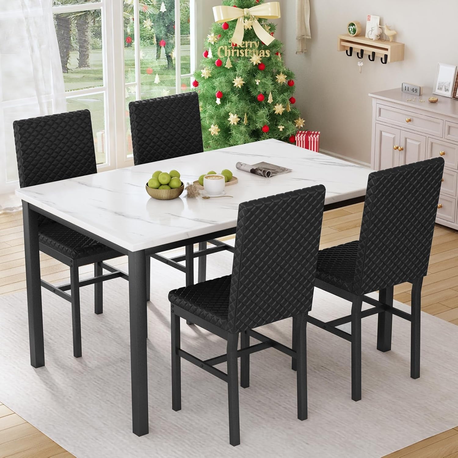 Baxluxe Dining Table Set for 4, Modern 5 Piece Dining Table Set, Faux Marble Kitchen Table and 4 Velvet Upholstered Chairs for Apartments, Dining Rooms, Small Spaces, Gray