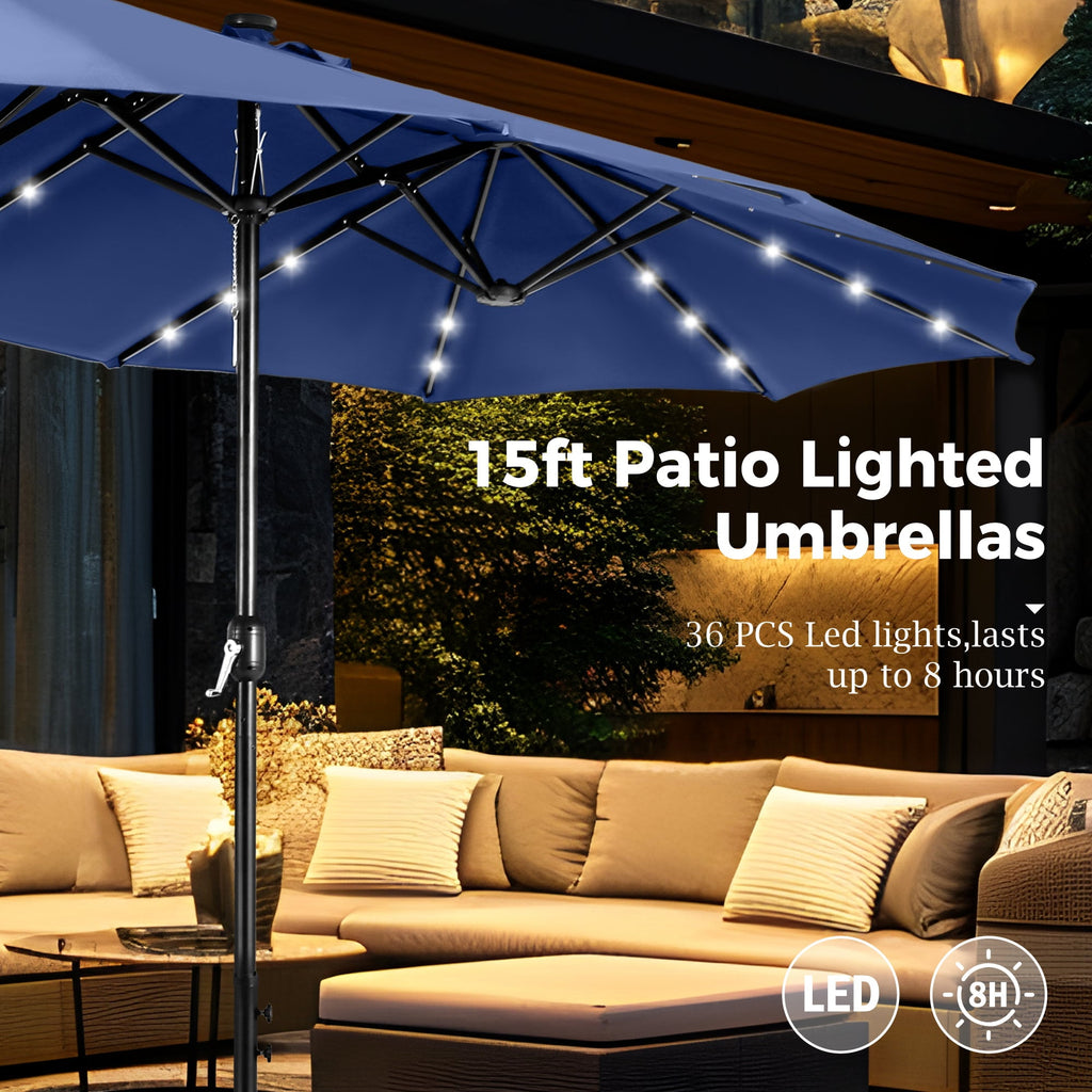 Alpha Joy 15ft Extra Large Outdoor Patio Double-Sided Umbrella with LED Solar Lights & Umbrella Base, Beige