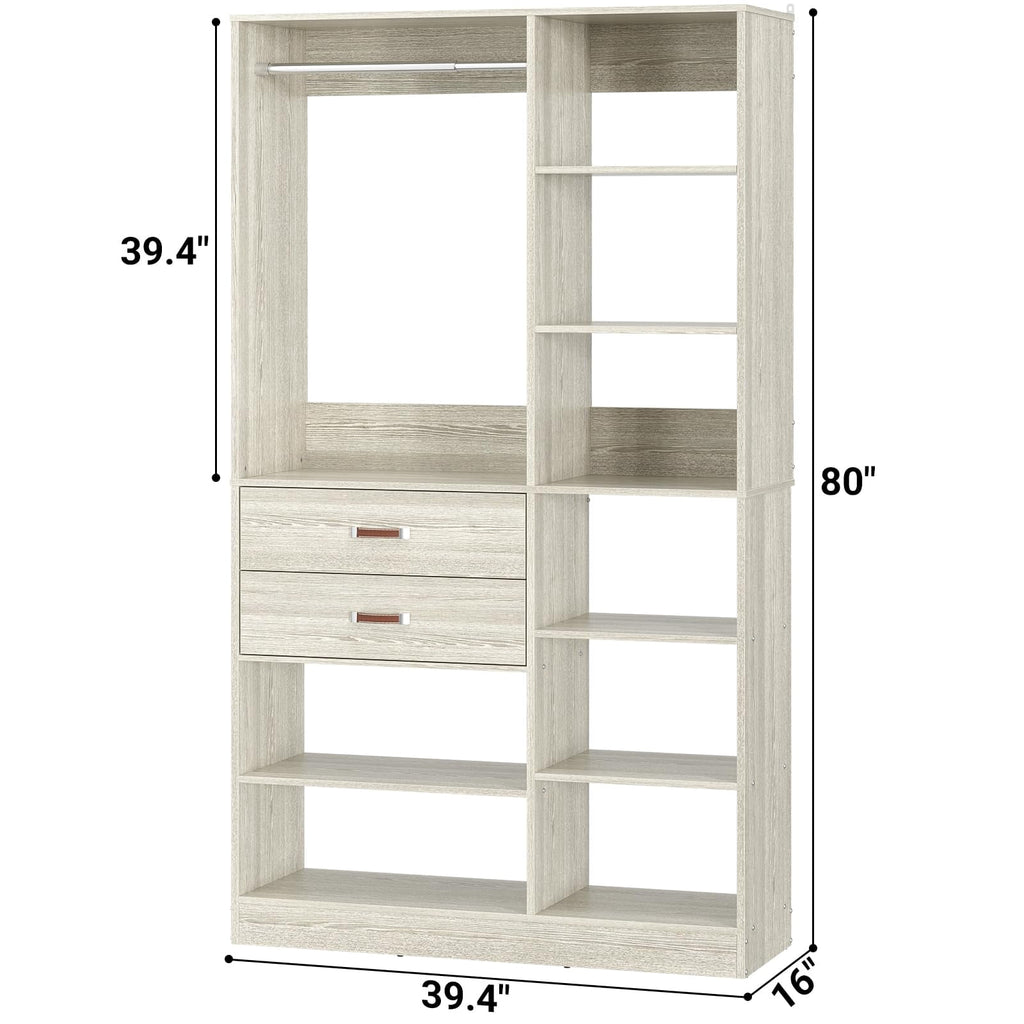Homieasy 39.4'' W Closet System with Wooden Drawers and Hanging Rods, White