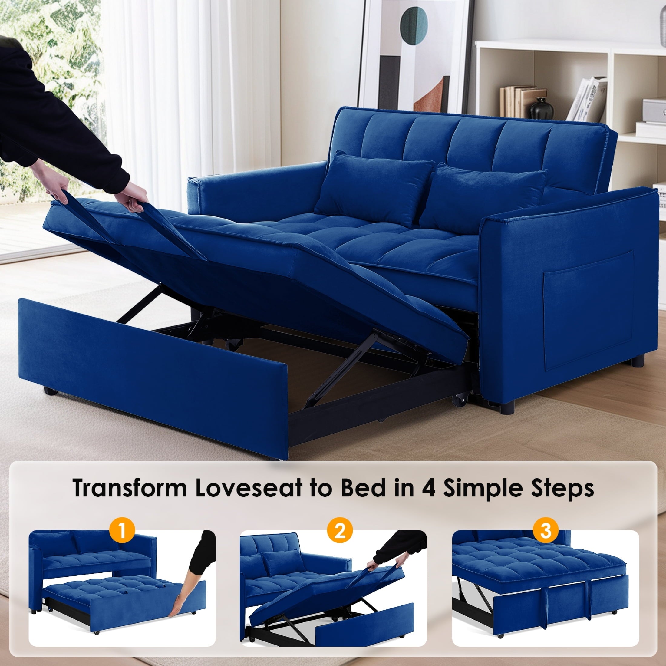 Anpport 3-in-1 Convertible Sleeper Sofa Bed, Pull-Out Loveseat Couch with Adjustable Back for Small Spaces, Velvet Fabric, 55, Dark Gray