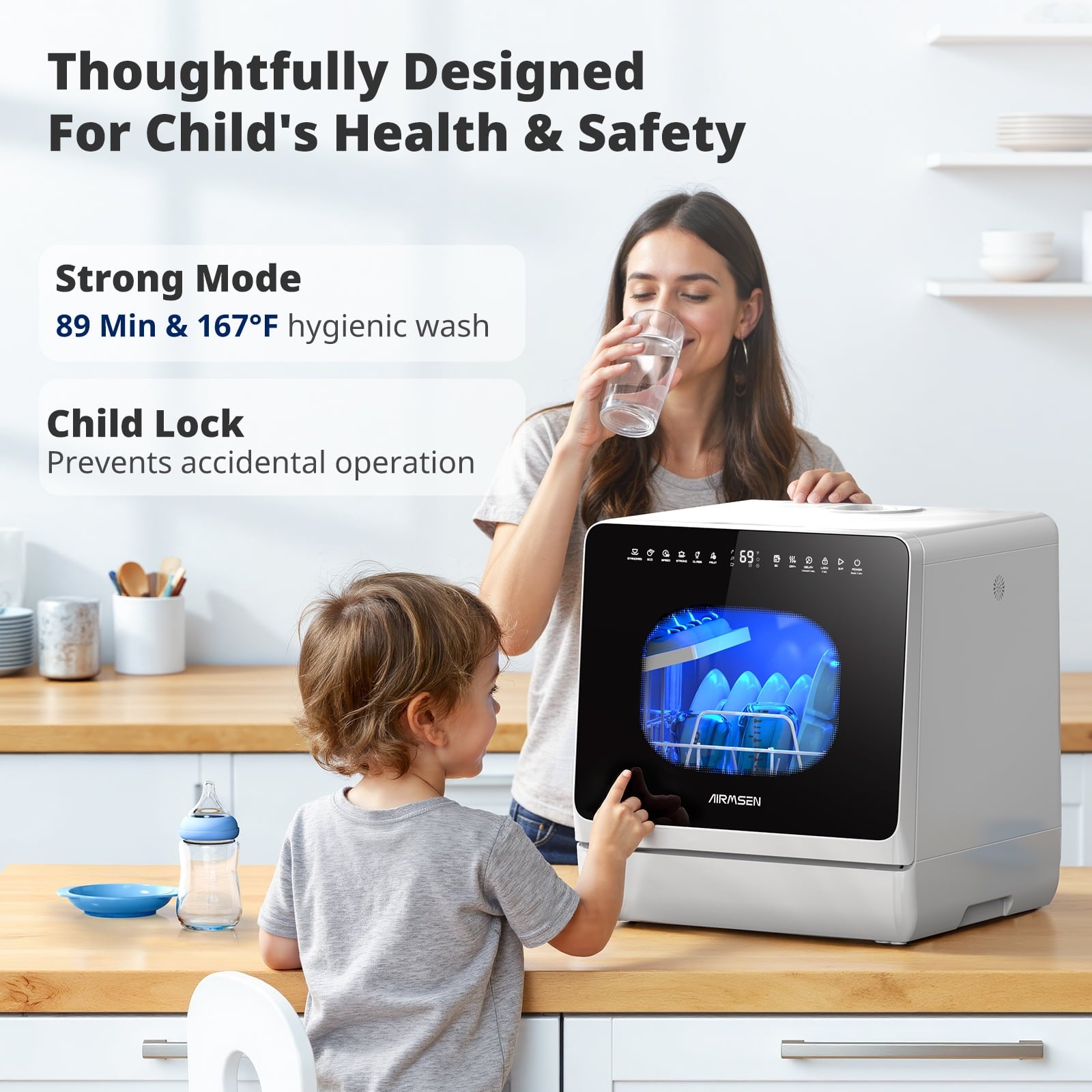 AIRMSEN Countertop Dishwasher with Salt Chamber, Portable Mini Dishwasher with 5L Built-in Water Tank, 18H Delay Start & ECO Mode, Ideal for Apartments & RVs, TDQR09