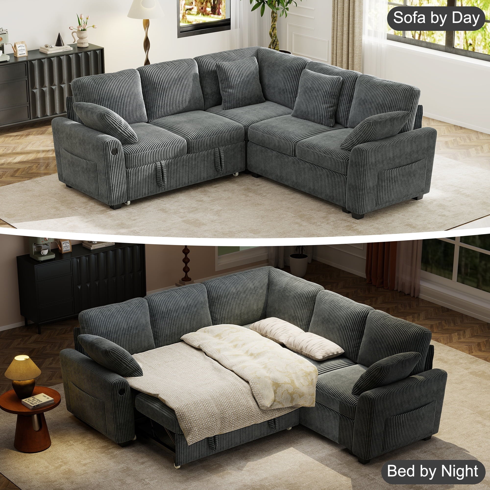 BedLuxury 83 Sectional Sleeper Sofa With Pull Out Bed, Storage Seat & USB Charging, L Shape Modern Couch for Living Room, Corduroy Gray