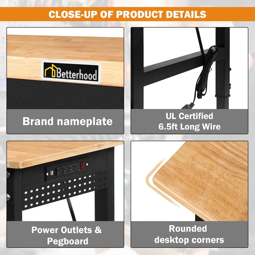 Tolead 60 Heavy-Duty Adjustable Workbench with Power Outlets, Rubber Wood Shop Table, Metal Wheels, Workstation