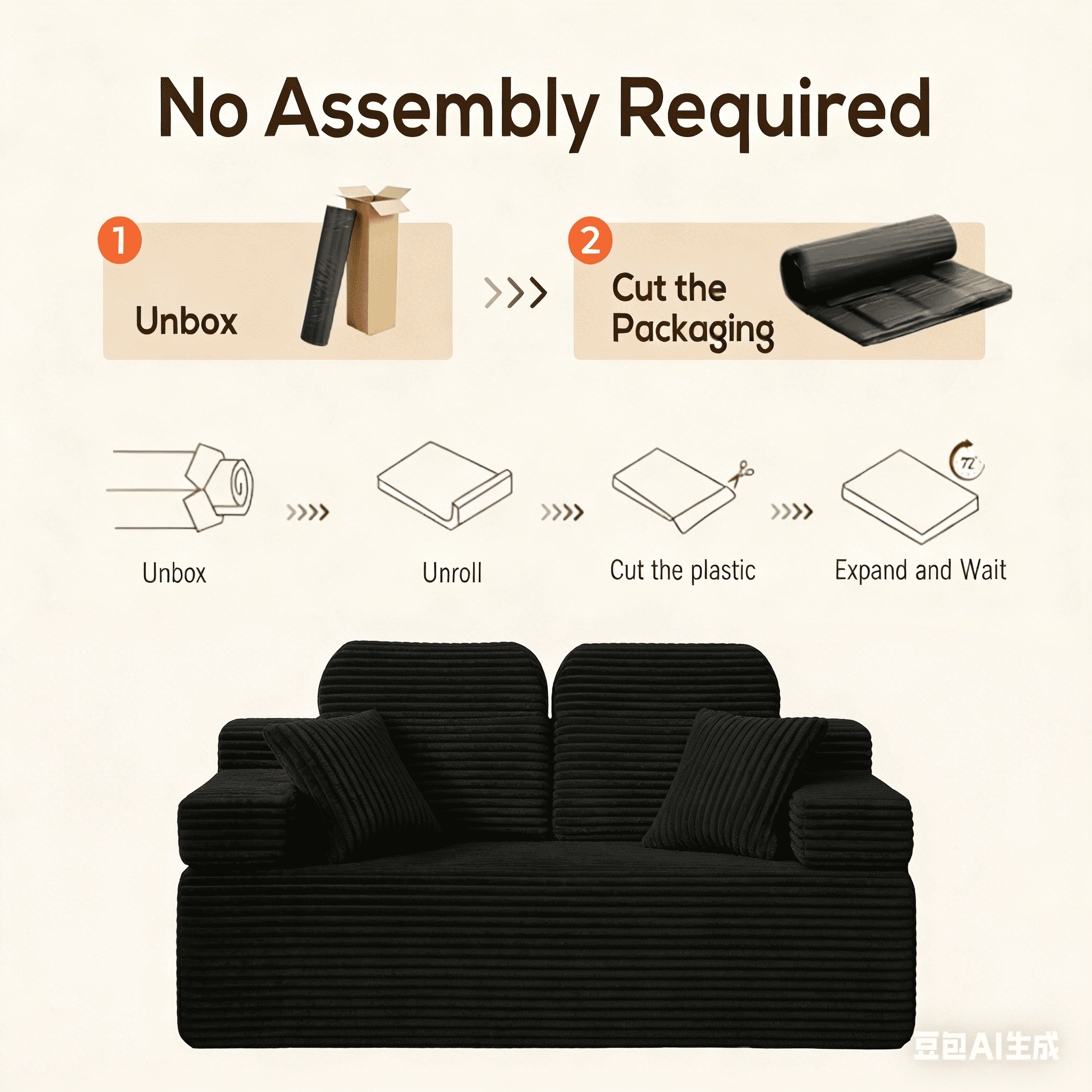 71 High Backrest Sofa for Small Spaces, Compressed Corduroy Couch with Deep Seating for Living Room, Bedroom, Dark Grey