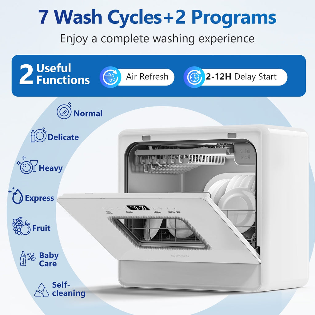 AIRMSEN 5-Place Settings Portable Countertop Dishwasher with 5L Built-in Water Tank, Ultra-Slim Dishwasher Upgrade 3 Spray Arms, 12H Delay Start and Salt Chamber Function, ZMW-DUHA01