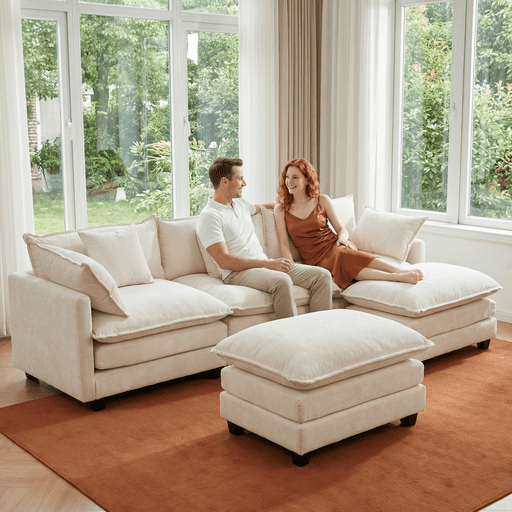 Dioepic Cloud Chenille 3-Seat Living Room Sectional Sofa Modern Cloud Couch 111.4 with Ottoman & 3 Pillows, Grey