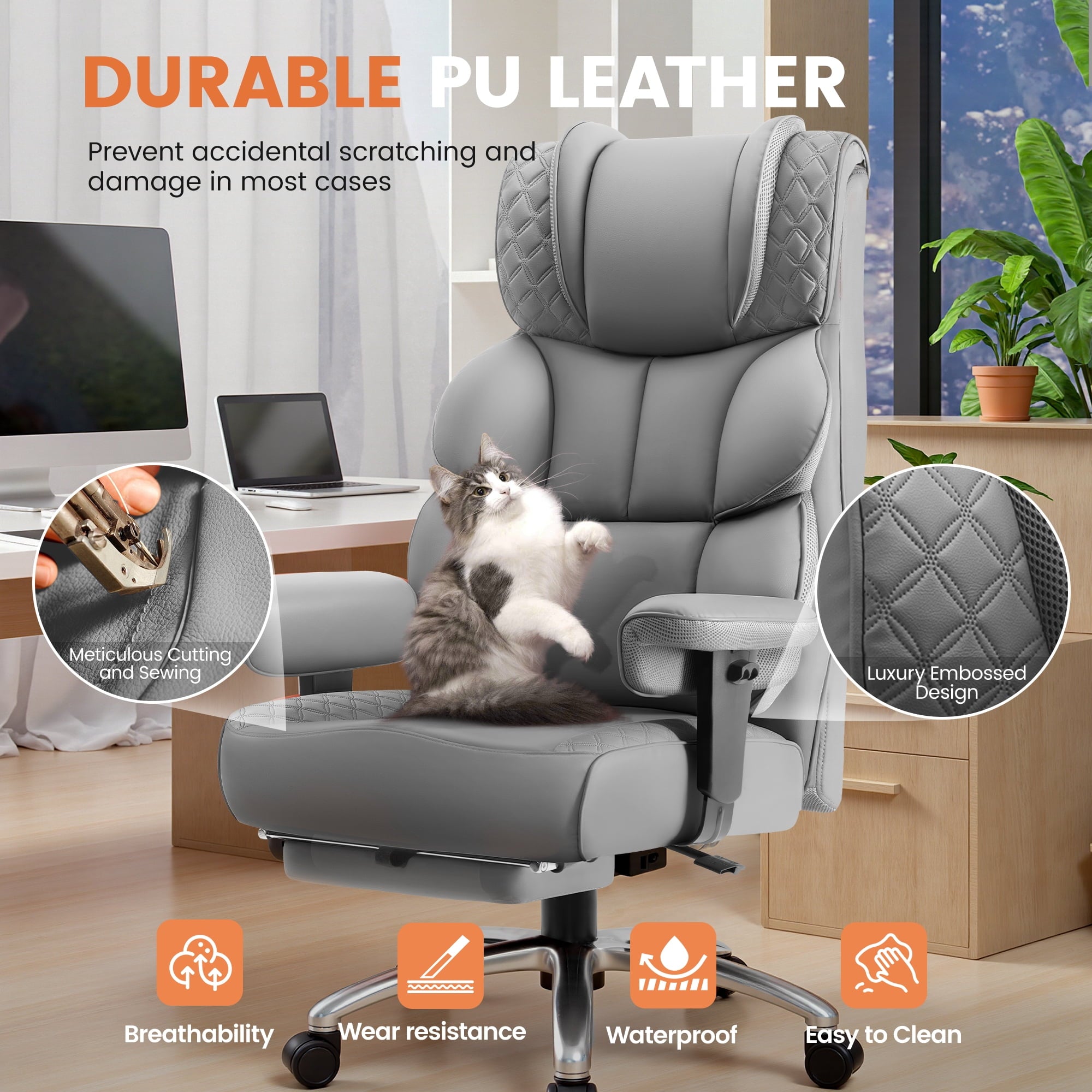 COOLHUT Big and Tall Office Chair 400LBS, Adjustable Headrest Ergonomic Computer Desk Chair, Executive Leather Chair with Adjustable Armrest, High Back Office Chair Havy Duty Design, Black