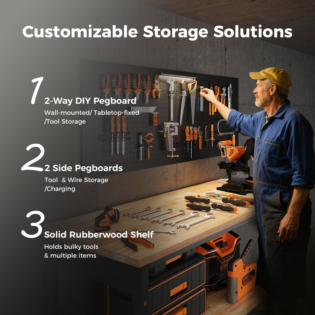CAMMOO 48 Multifunctional Heavy Duty Workbench for Garage with Pegboard, 2000LBS Load,Adjustable Height Worktable,Storage Shelf,LED Light, Built-in Power Strip