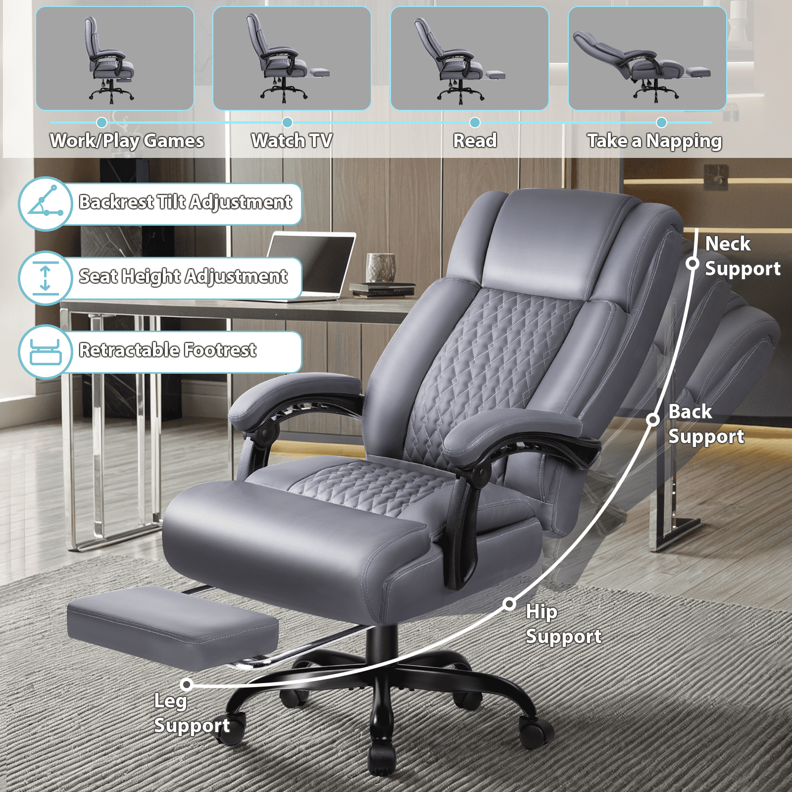 Waleaf Office Chair with Footrest,90-165°Reclining Ergonomic High Back Computer Desk Chair Lumbar Support for Home Office