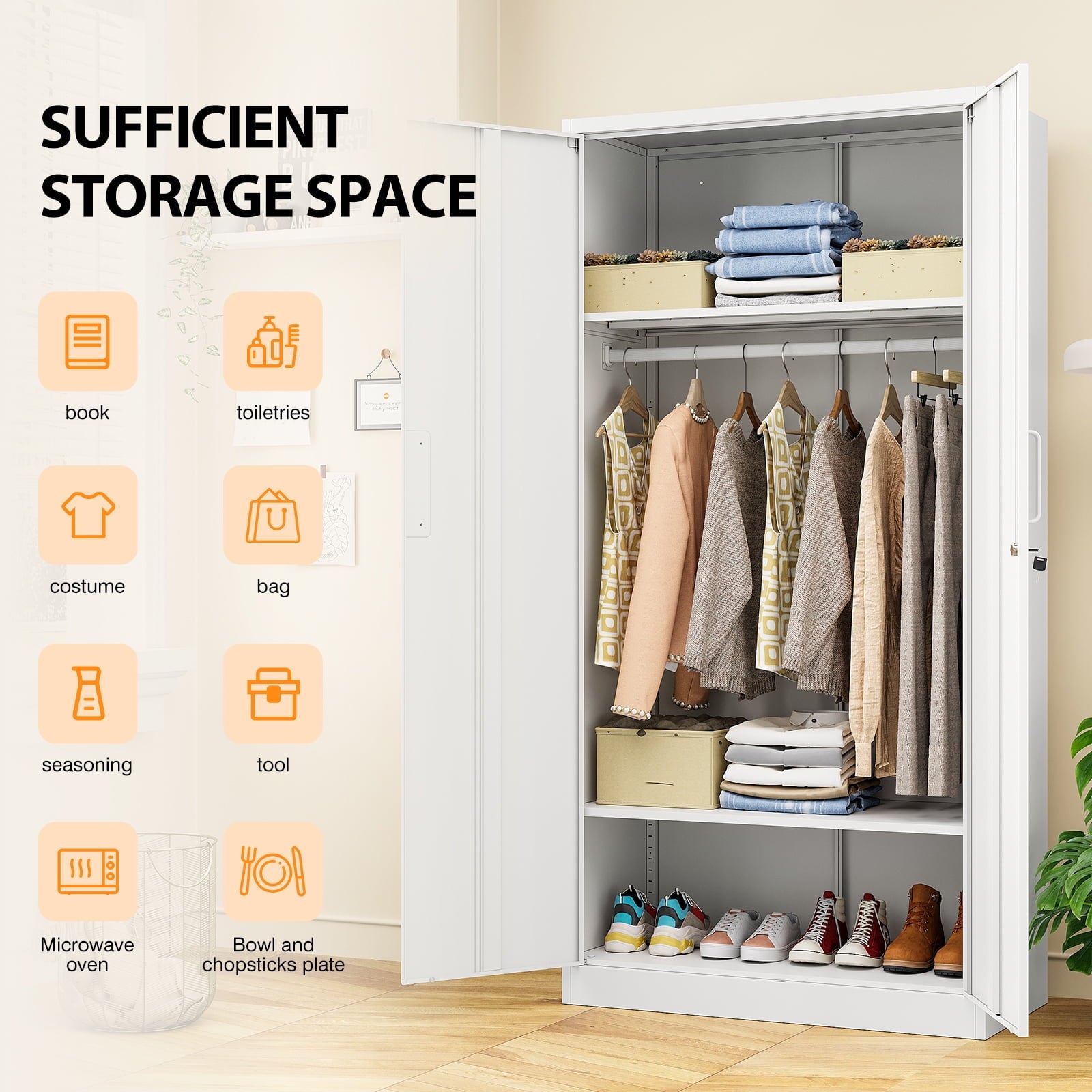 STANI Metal Wardrobe Closet with Hanging Rod, 72 White Armoire Wardrobe Cabinet with Adjustable Shelves, Clothes Storage Organizer Cabinets for Bedroom, Bathroom, Office