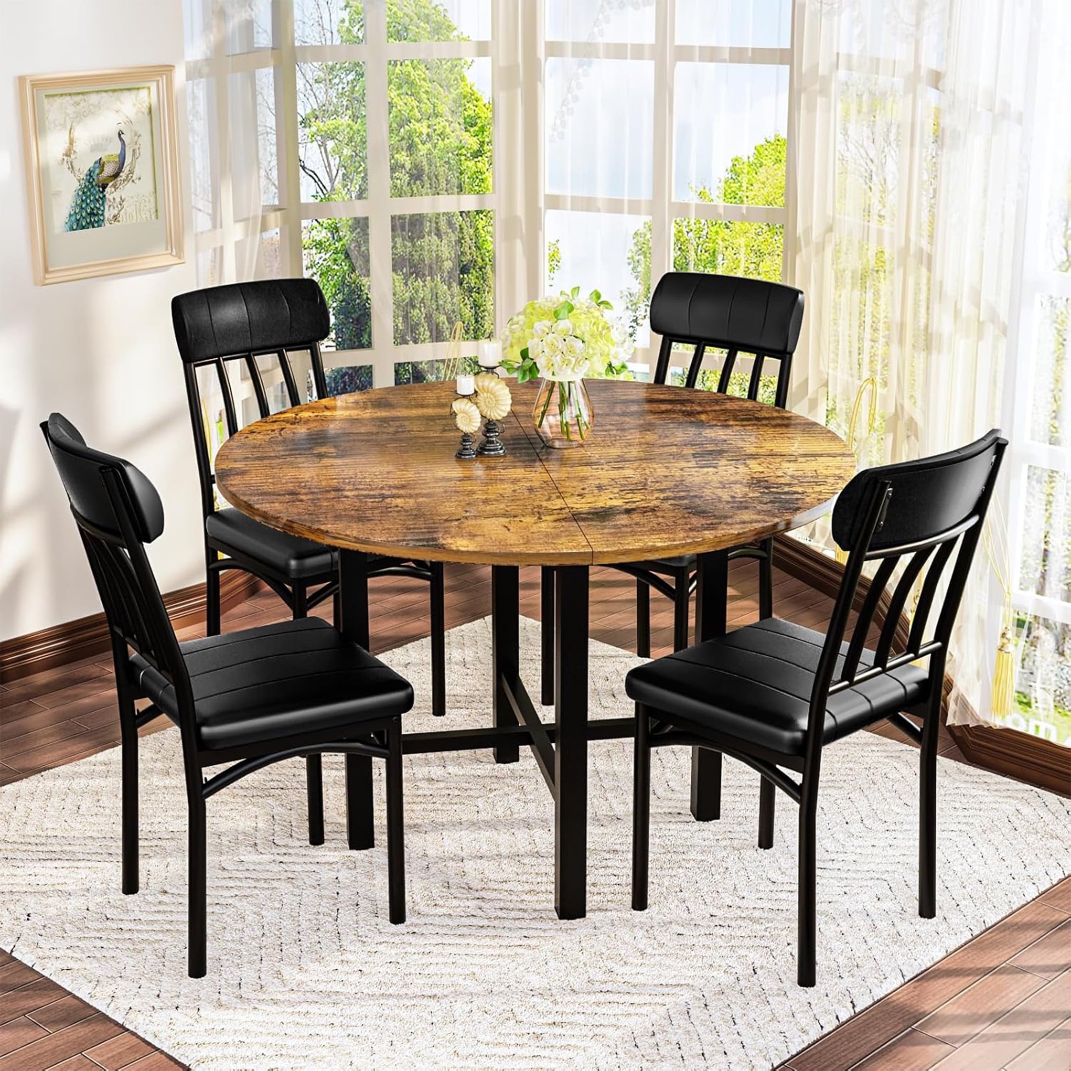 LinkRomat Round Dining Table Set for 4, Modern Dining Room Sets with 4 Faux Leather Chairs, Kitchen Dinner Wooden Table & Chair Set for Small Space, Grey